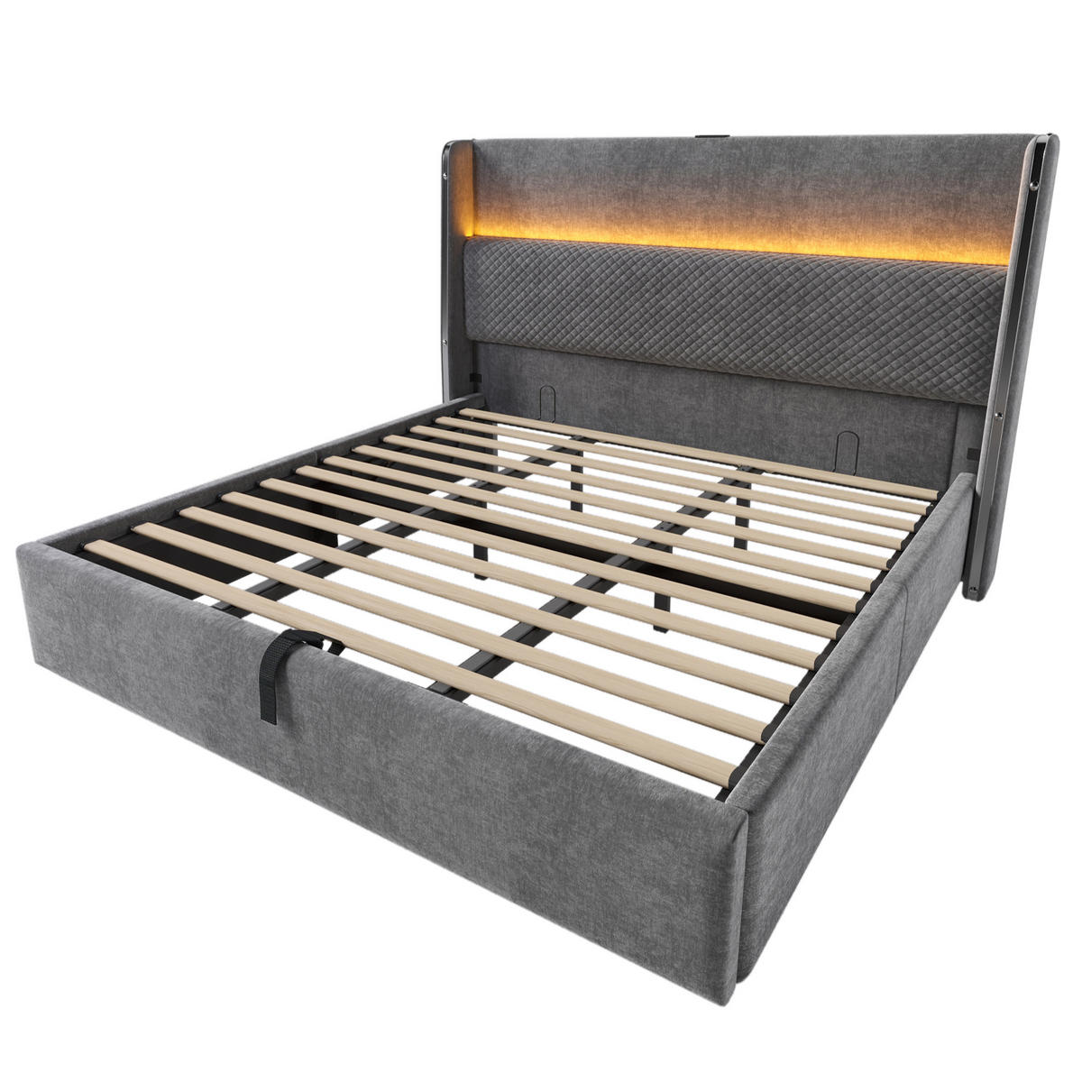 POLSTERBETT 180/200 cm mit LED, USB- und Typ-C-Anschluss, hydraulischem Bettkasten und Matratze, Leinenoptik Grau - Grau, Textil (180/200cm) - Redom