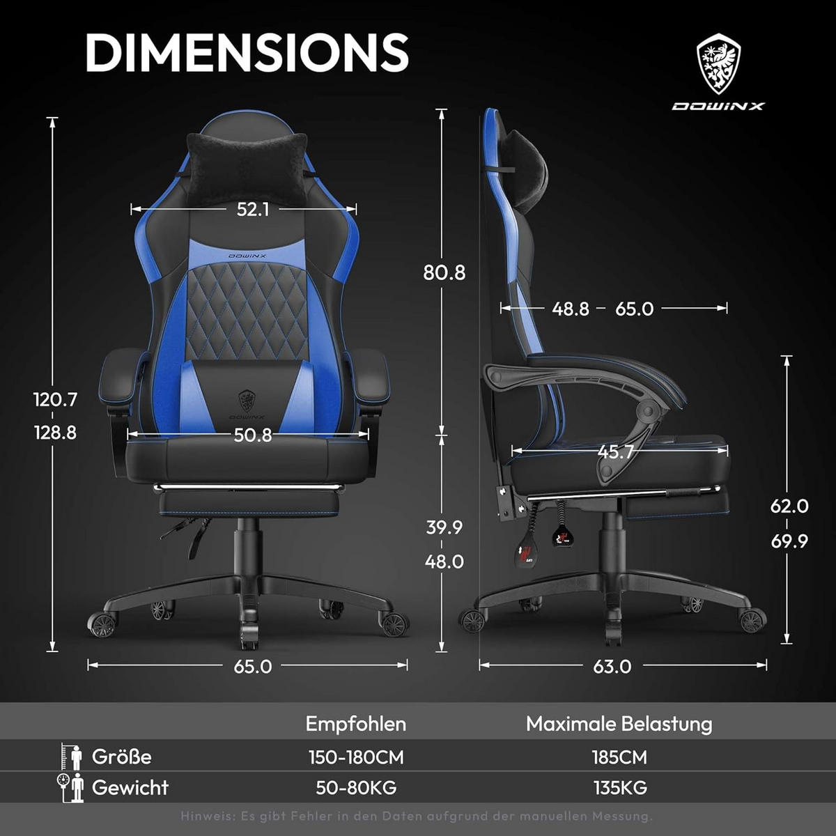 GAMING-STUHL ergonomischer & 150 kg Tragfähigkeit, Fußstütze, PU-Leder - Blau, Leder (65/127/63cm)