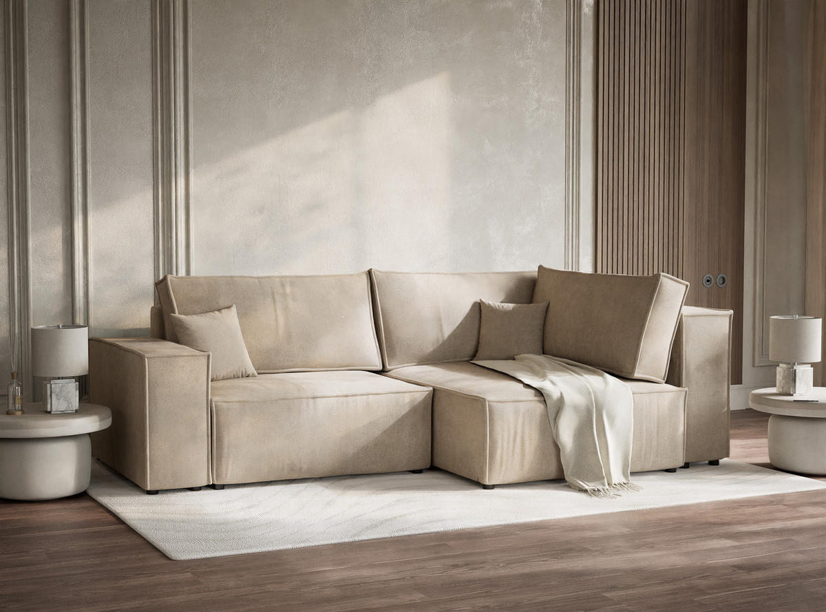 ECKSOFA MIT SCHLAFFUNKTION Tonga Beige Webstoff - Beige/Schwarz, Holz/Holzwerkstoff (255/105cm) - Maison de Reve