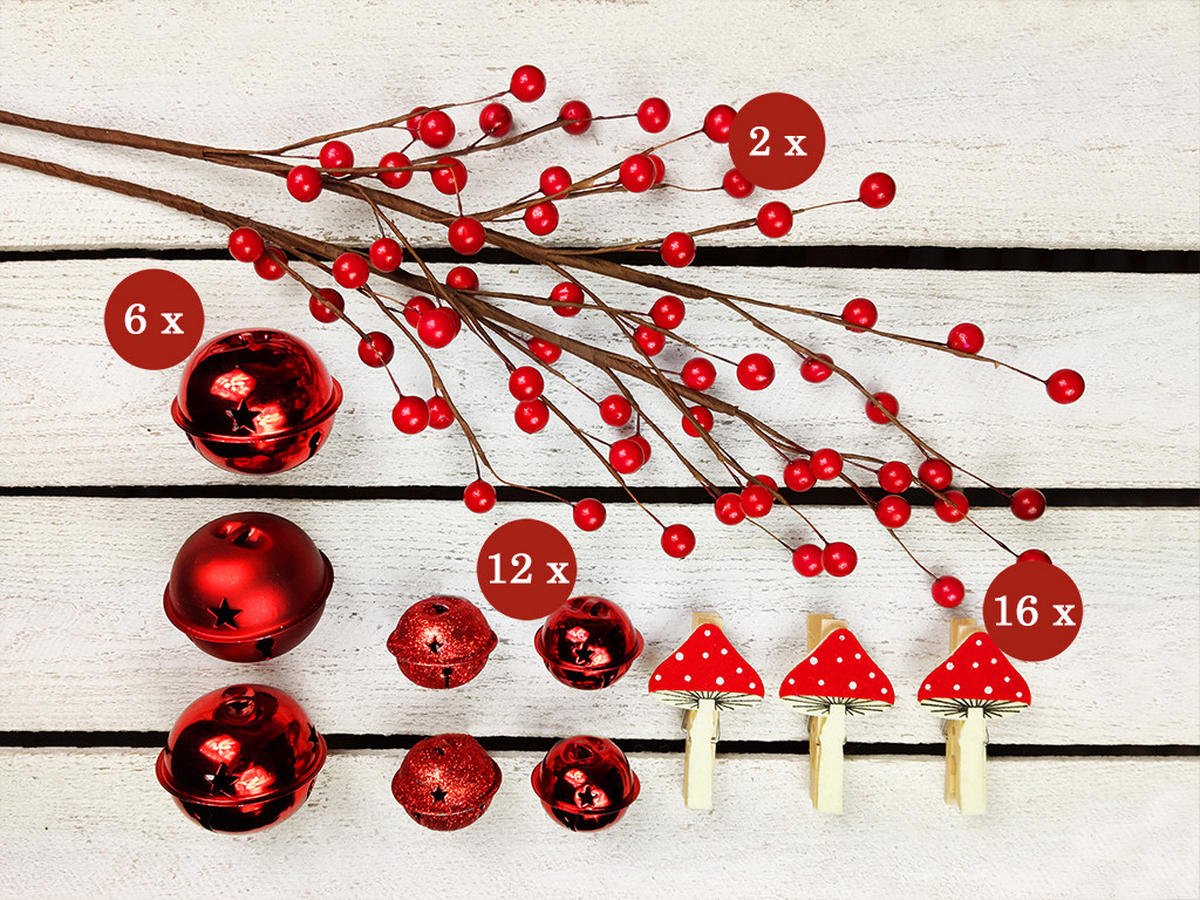 WEIHNACHTSBAUM künstlicher 60 cm mit LED-Beleuchtung, ZAUBERPILZ, mit 36 Weihnachtsbaumschmuck, Pflanztopf mit Jutesack - Rot/Grün, Kunststoff/Stein (40/60cm) - LAALU