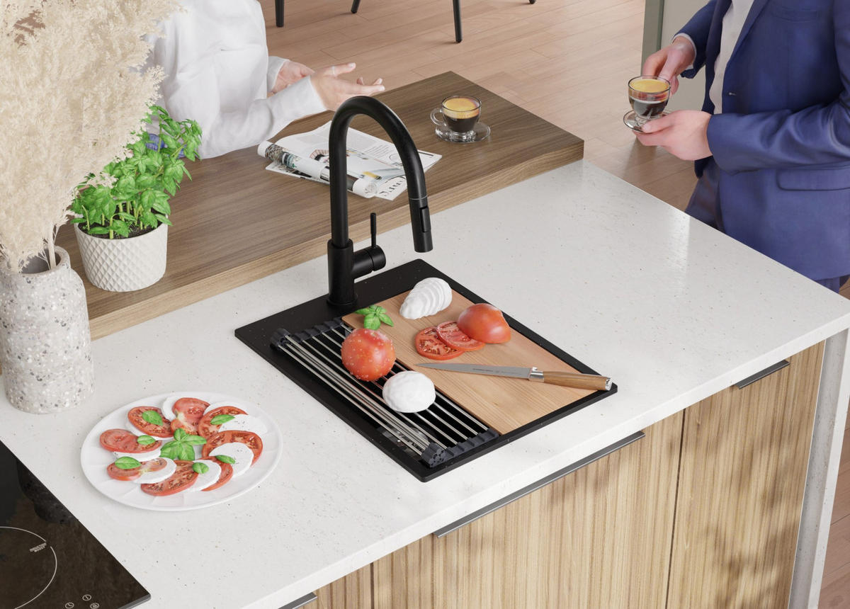 SPÜLBECKEN Oslo, 2-er set Schwarz Metallic 38/50 cm 1 Becken + Ablauf-Set + Schneidebrett ab 40er Unterschrank - Chromfarben/Schwarz Hochglanz, Kunststoff (38/20/50cm) - Primagran