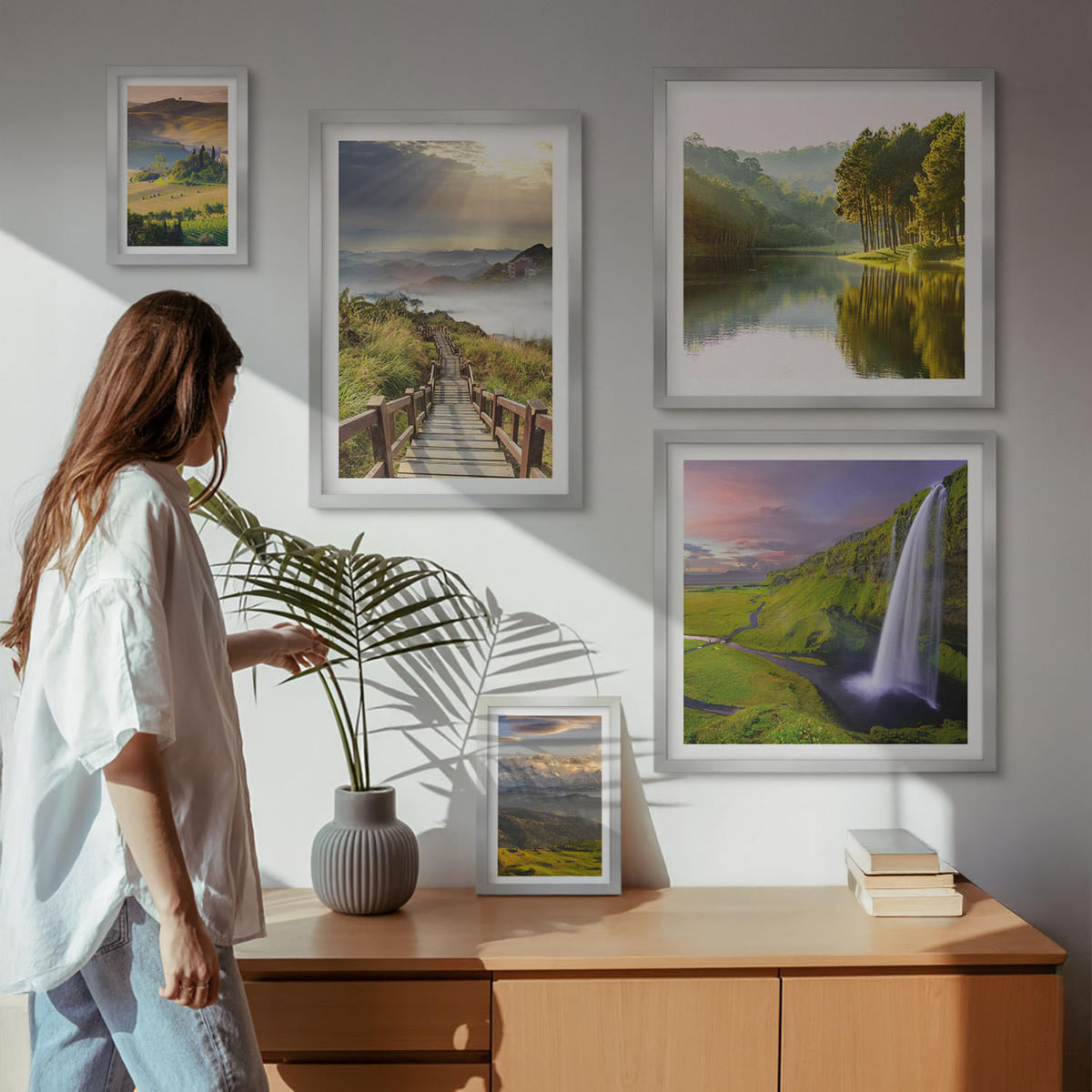 WANDBILDER 5er Set - 50x50 cm & 20x30 cm & 40x60 cm Silberner Rahmen - Aquarell von grünen tropischen Blättern - Silberfarben, Kunststoff (40/60cm) - ArtPrintCave