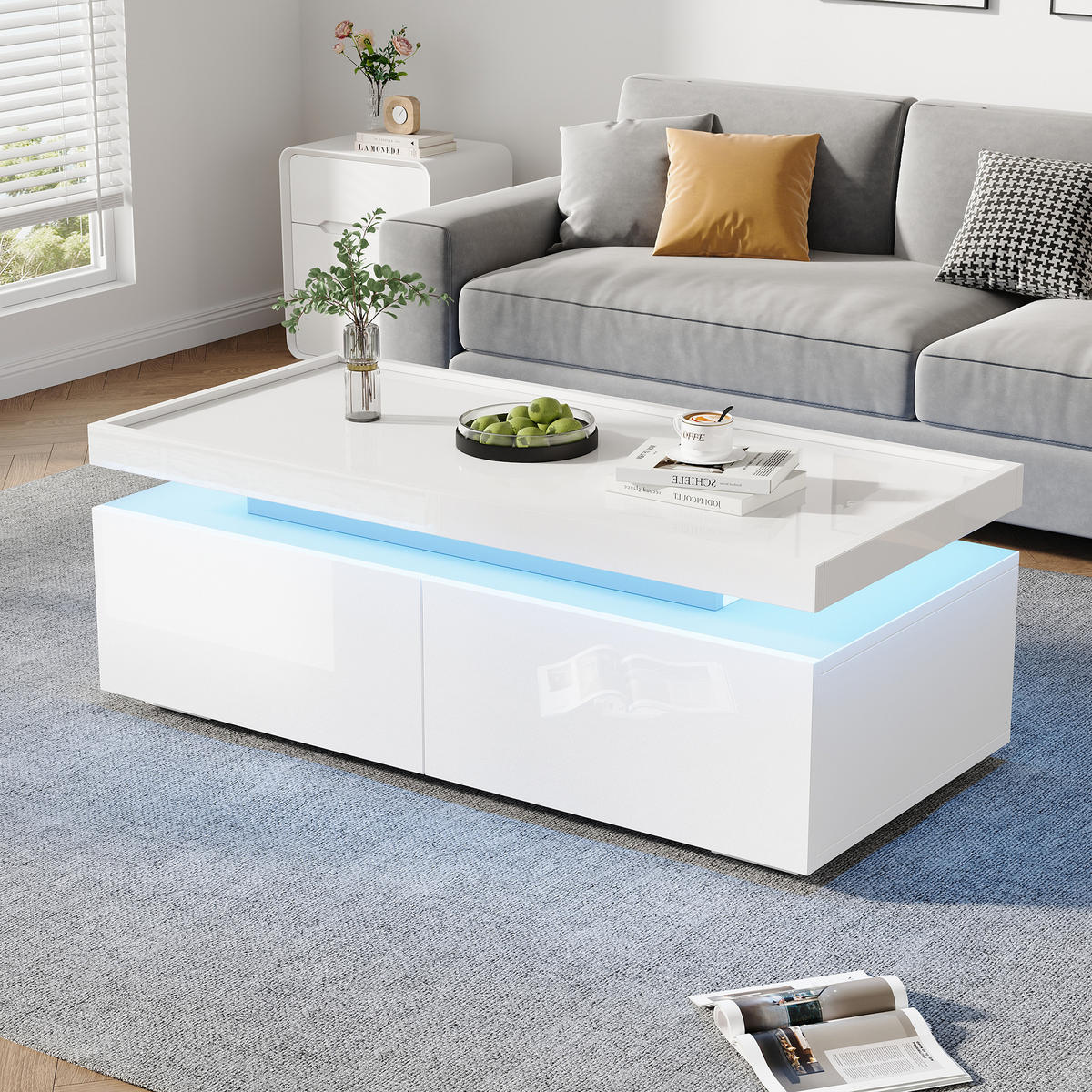 COUCHTISCH LED Weiß Hochglanz 2 Schubladen 95x45x35cm Geometrisch - Weiß, Holzwerkstoff (95/45/35cm) - FLIEKS