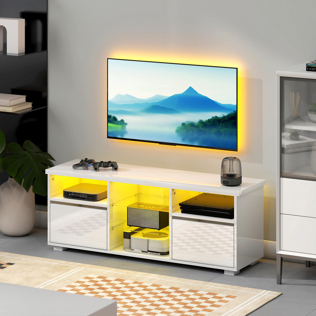 TV-LOWBOARD Weiß Hochglanz 120/34/45 cm, LED-Beleuchtung, Glasböden - Weiß Hochglanz, Holzwerkstoff (120/45/34cm) - PANGIVO