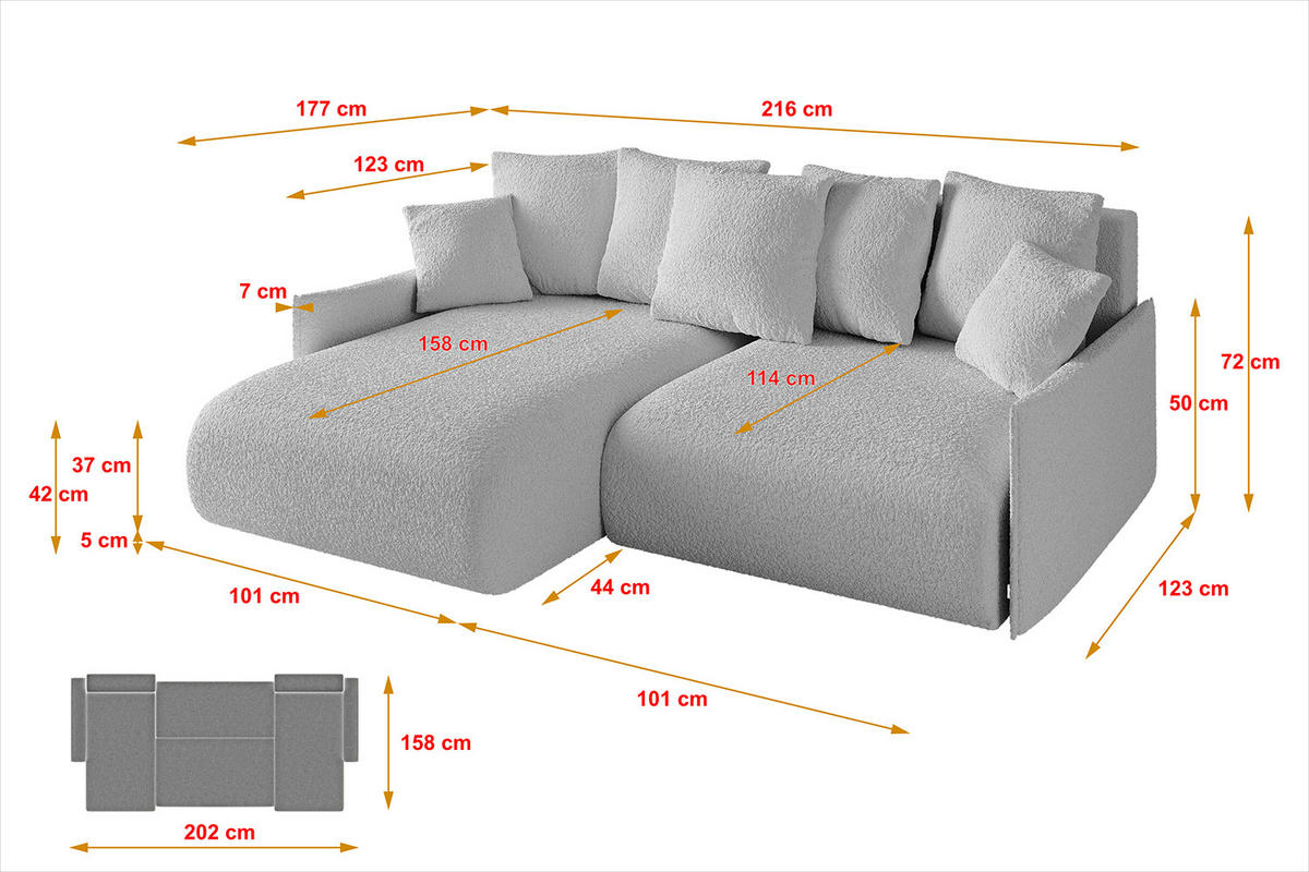 ECKSOFA mit Schlaffunktion und Bettkasten ONESK-L -v1 216x177x72 Hellgrau Bouclé - Hellgrau, Holzwerkstoff/Kunststoff (216/177cm) - ALTDECOR