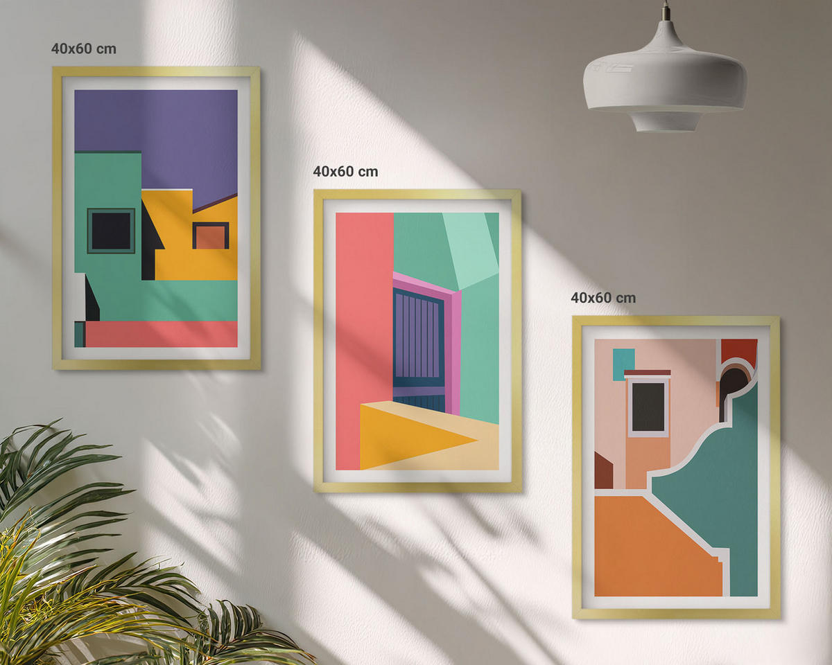 BILDER SET 3er Set - 40x60 cm Goldrahmen - Farbenfrohe Illustrationen der Stadt - Goldfarben, Kunststoff (40/60cm) - TULUP