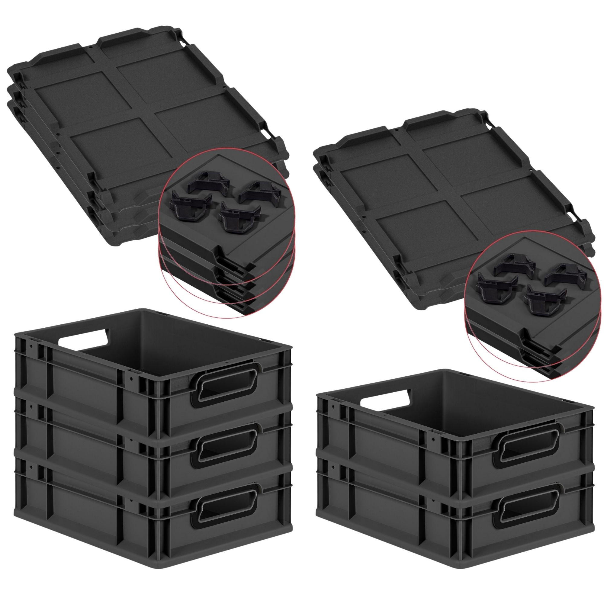 EUROBOX 5x NextGen Color mit Auflagedeckel 12x30x40 cm 11 Liter Schwarz Griffe schwarz offen - Anthrazit/Schwarz, Kunststoff (30/12/40cm) - PROREGAL