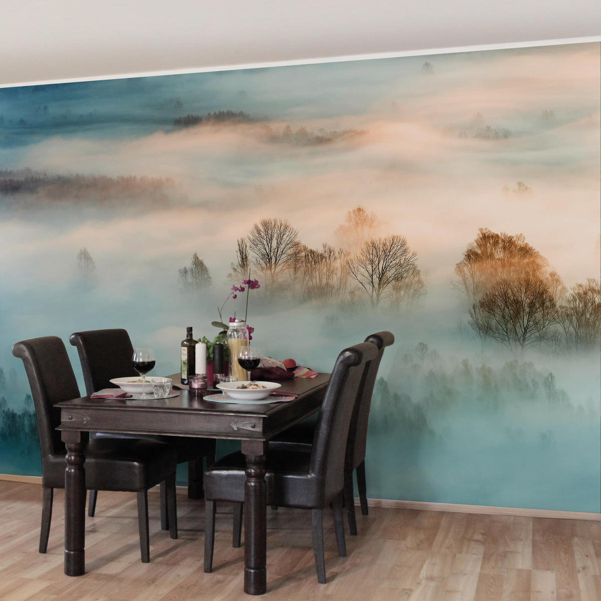 FOTOTAPETE Nebel bei Sonnenaufgang 336/225 cm - Eichefarben, Papier (336/225cm) - Bilderwelten