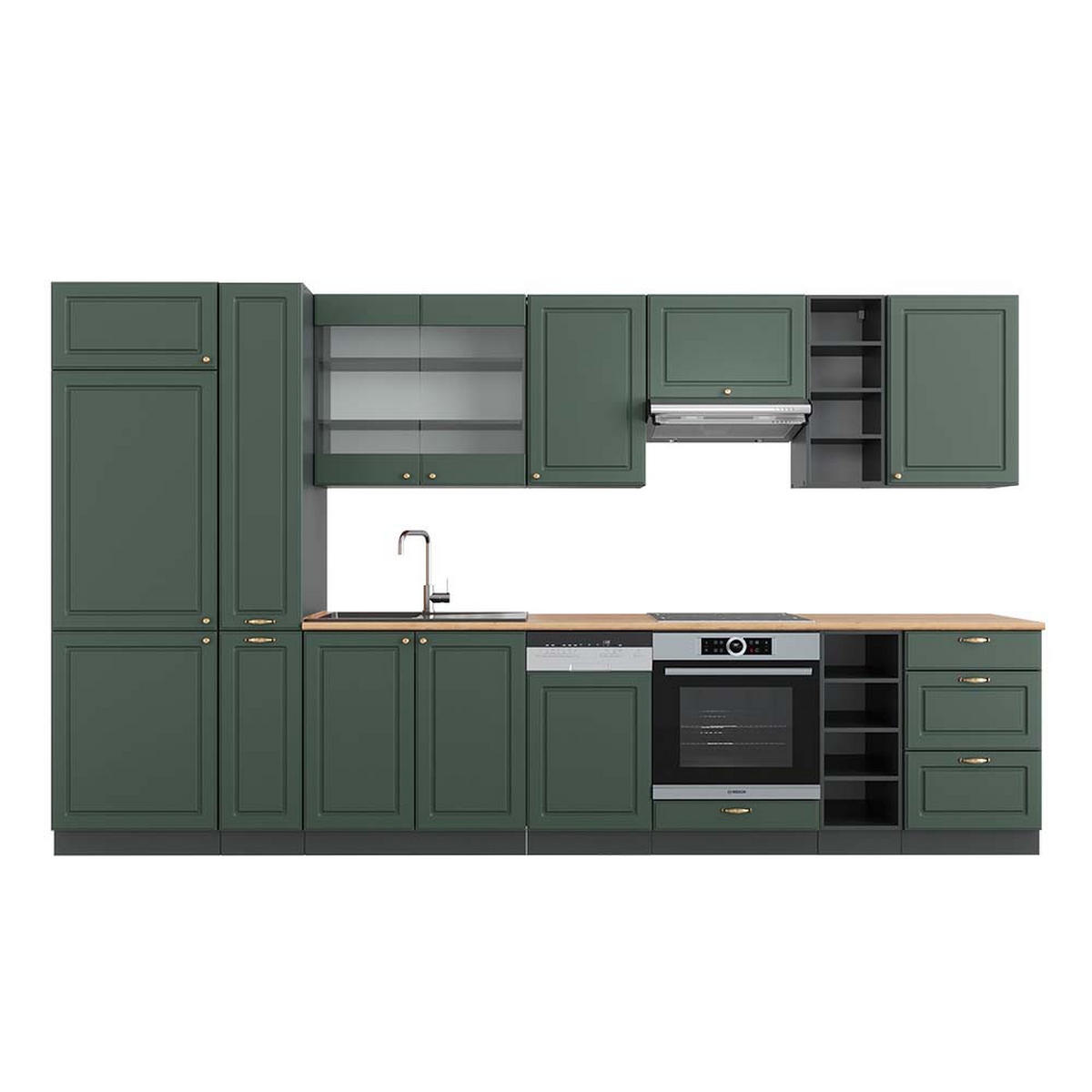 KÜCHENZEILE Fame-Line Grün-Gold Landhaus/Anthrazit 355 cm , AP Eiche - Anthrazit/Grün, Holzwerkstoff (355/81.6/60cm) - Vicco