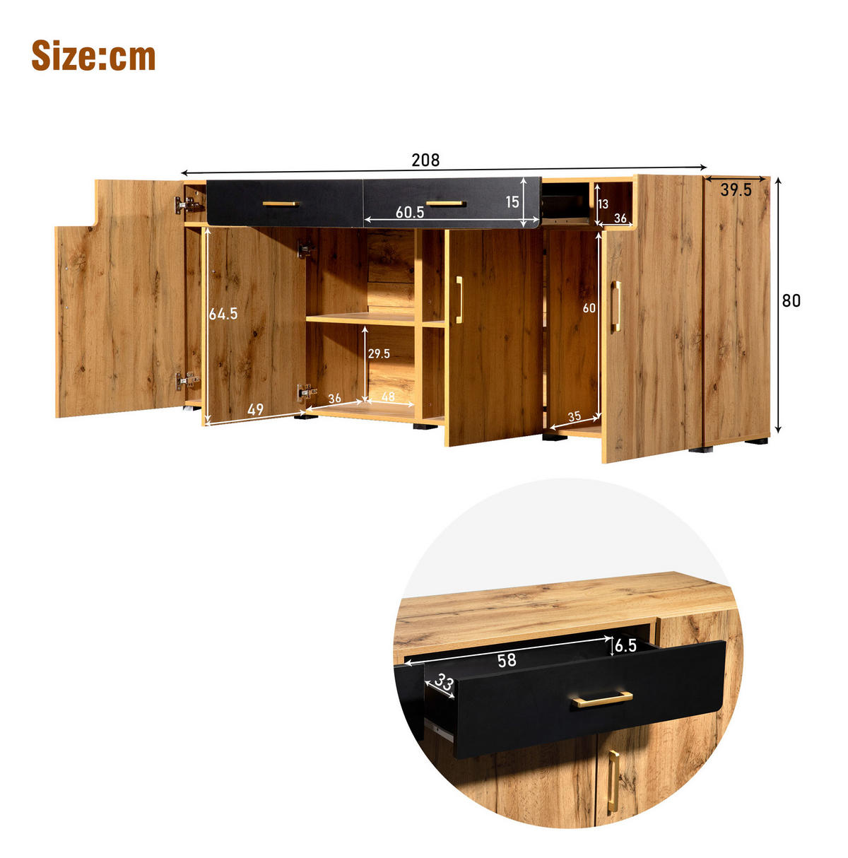 SIDEBOARD 208/39.5/80 cm Braun aus Spanplatte mit 4 Türen und 2 Schubladen - Braun, Holzwerkstoff (39.5/80/208cm) - OKMYHOME