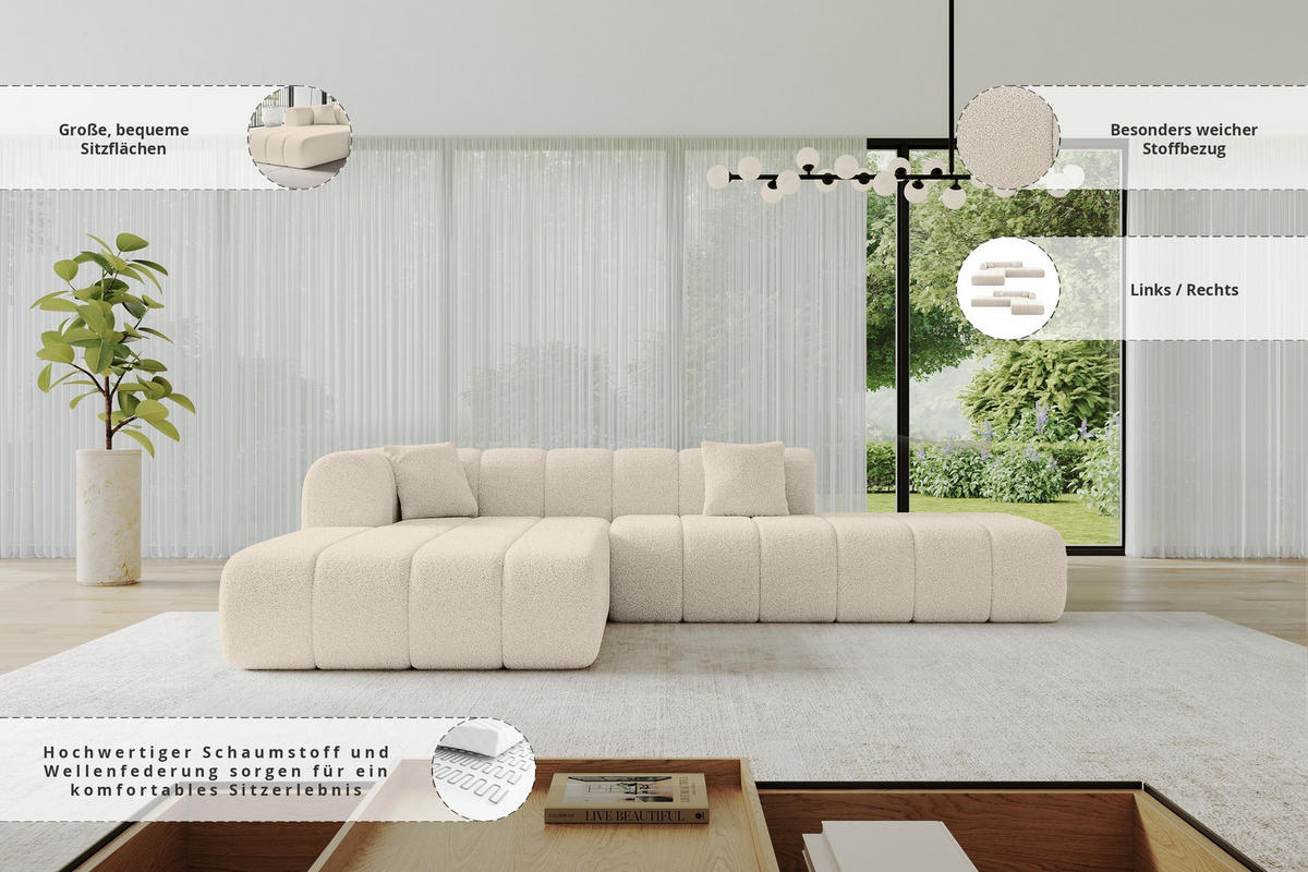 ROHOVÁ SEDAČKA s otomanem, levá BILA-L 289x176x71 Tmavě béžová Buklé - kapučínová/černá, kompozitní dřevo/textil (176/289cm) - ALTDECOR