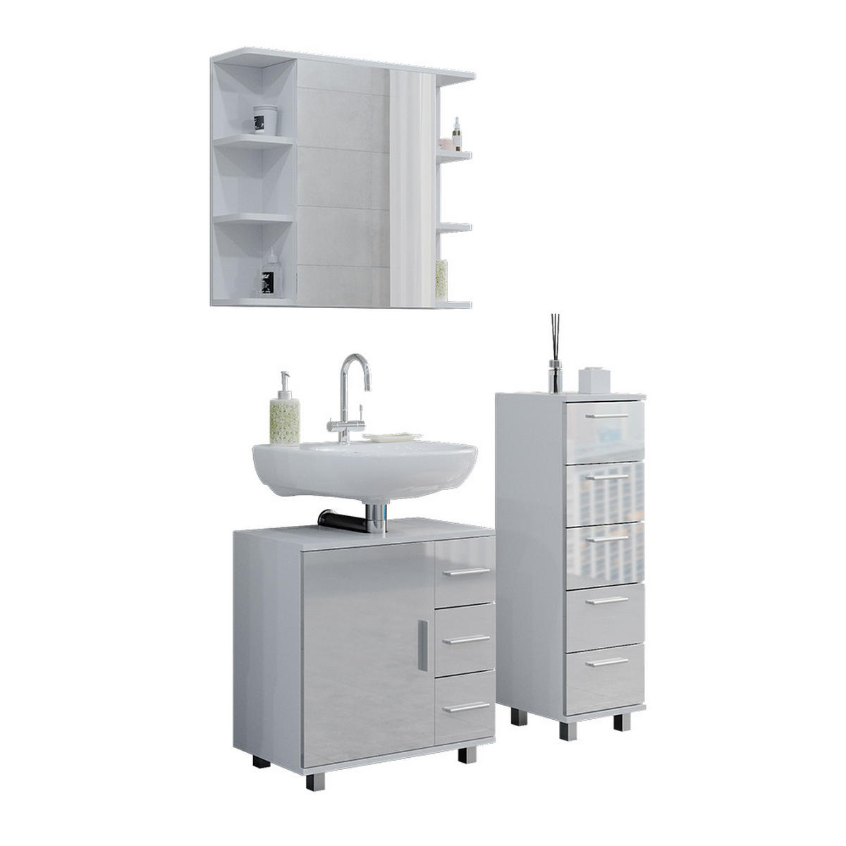 BADMÖBEL-SET Ilias Weiß Hochglanz 3 Teile, mit Midischrank - Weiß Hochglanz/Weiß, Holzwerkstoff (60/60.8/33cm) - Vicco