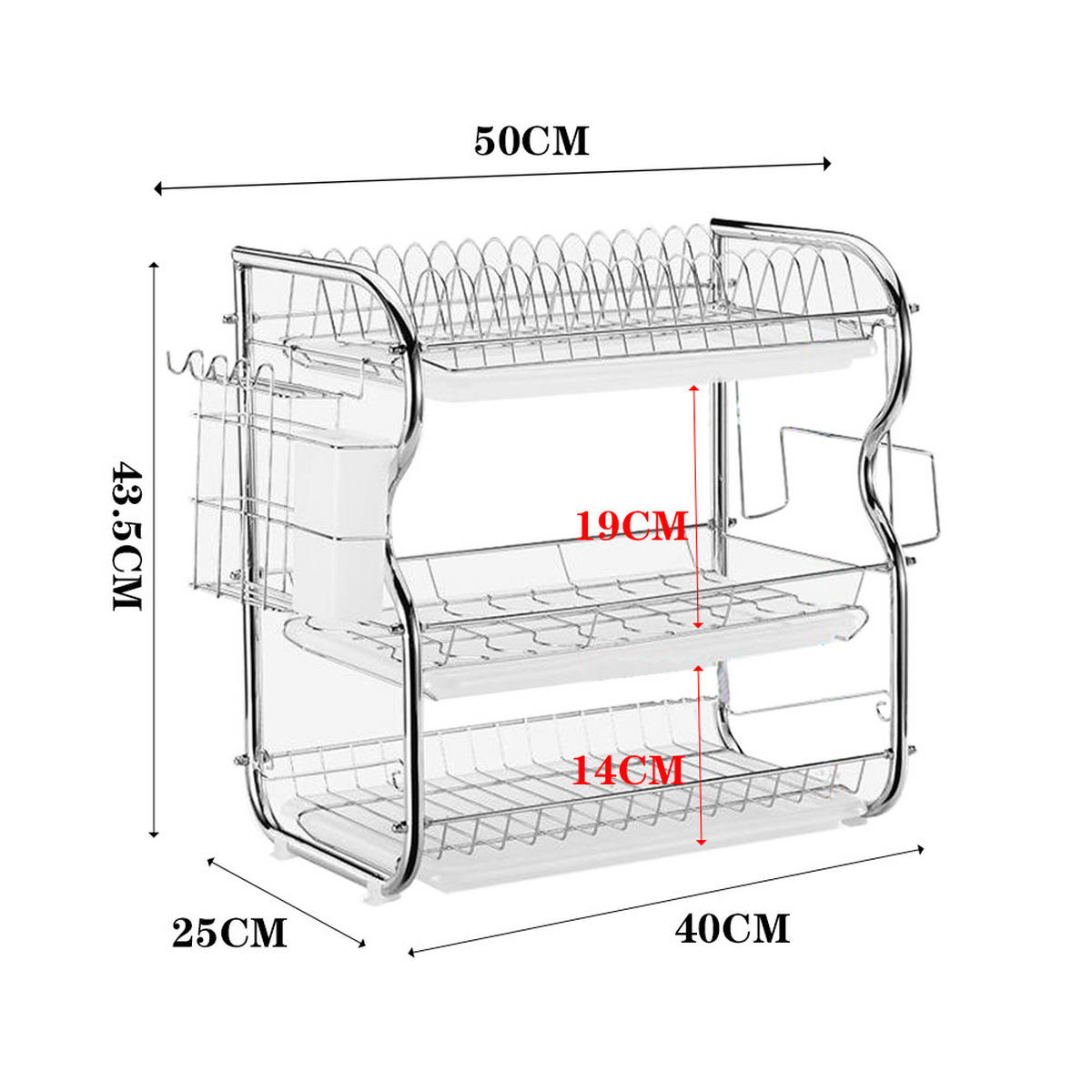 GESCHIRRABTROPFGESTELL Dreistufig aus Metall in Silber 40 x 25 x 43,5 cm - Silberfarben, Metall (40/43.5/25cm) - Livingandhome