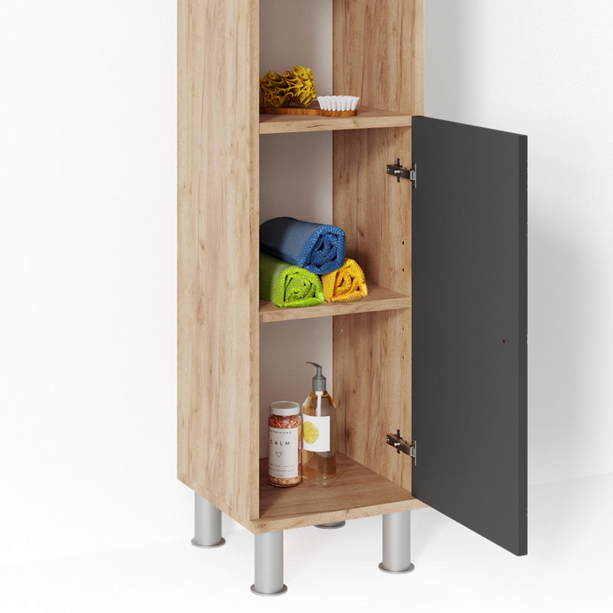 BADMÖBEL-SET Fynn Eiche 3 Teile, mit Hochschrank - Eichefarben/Anthrazit, Holzwerkstoff (60/54/32cm) - Vicco