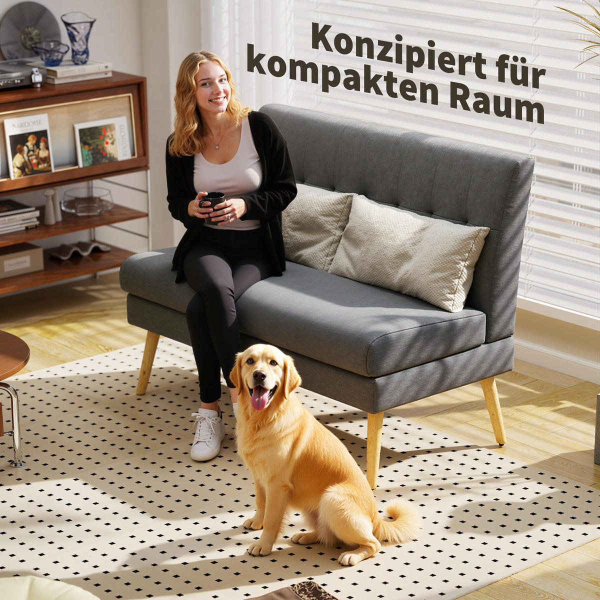 SOFA 2 Sitzer Couch mit Leinenoptik, Getuftete Rückenlehne, Dunkelgrau - Dunkelgrau/Naturfarben, Holz/Textil (68/90/118cm) - HOMCOM