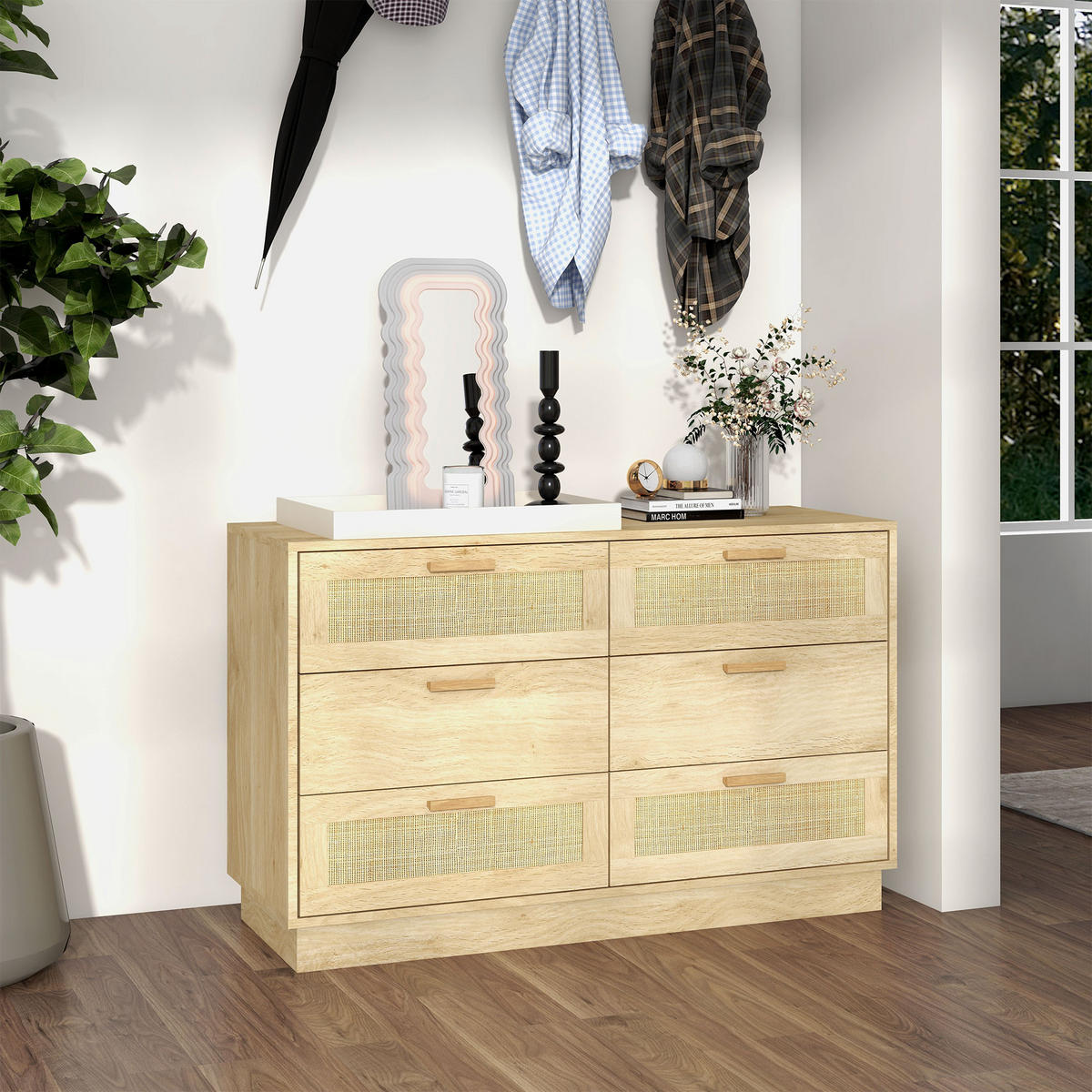 KOMOODE DE-12871 6 Schubladen mit Rattan, Boho-Design Eiche - Eichefarben, Holzwerkstoff (110/69/40cm) - ComfortXL