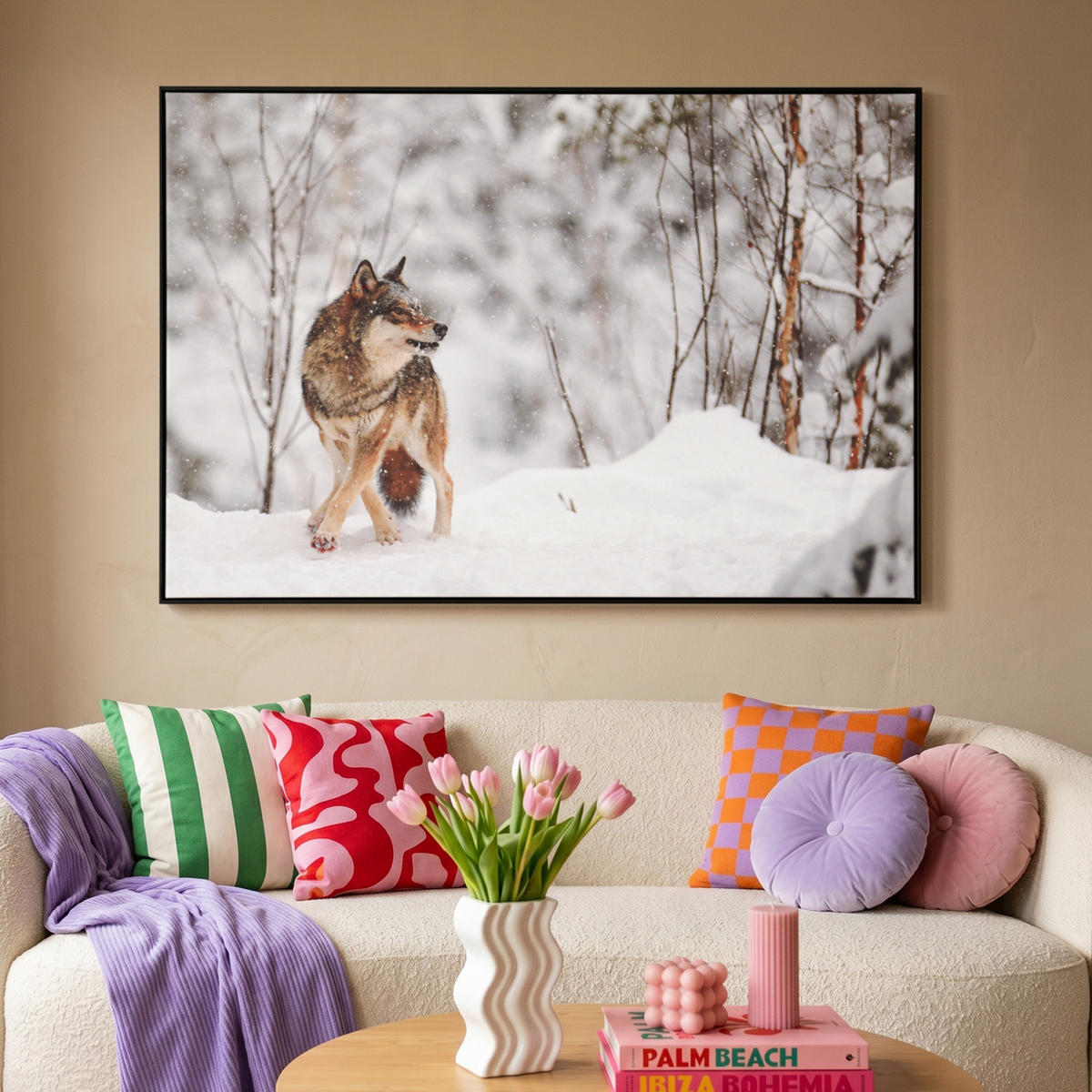 LEINWAND Bilder mit Rahmen - Wolf - Winter - Schnee - Natur - Tiere - 120x80 - Haselnussfarben, Textil (120/80cm) - MuchoWow