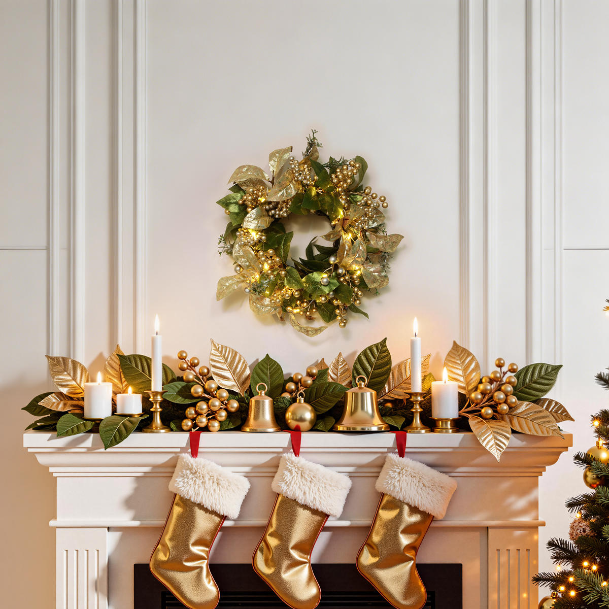 40CM Weihnachtskranz mit LED & Timer, Goldblätter & Beeren - Grün, Kunststoff (45cm) - Hometopia