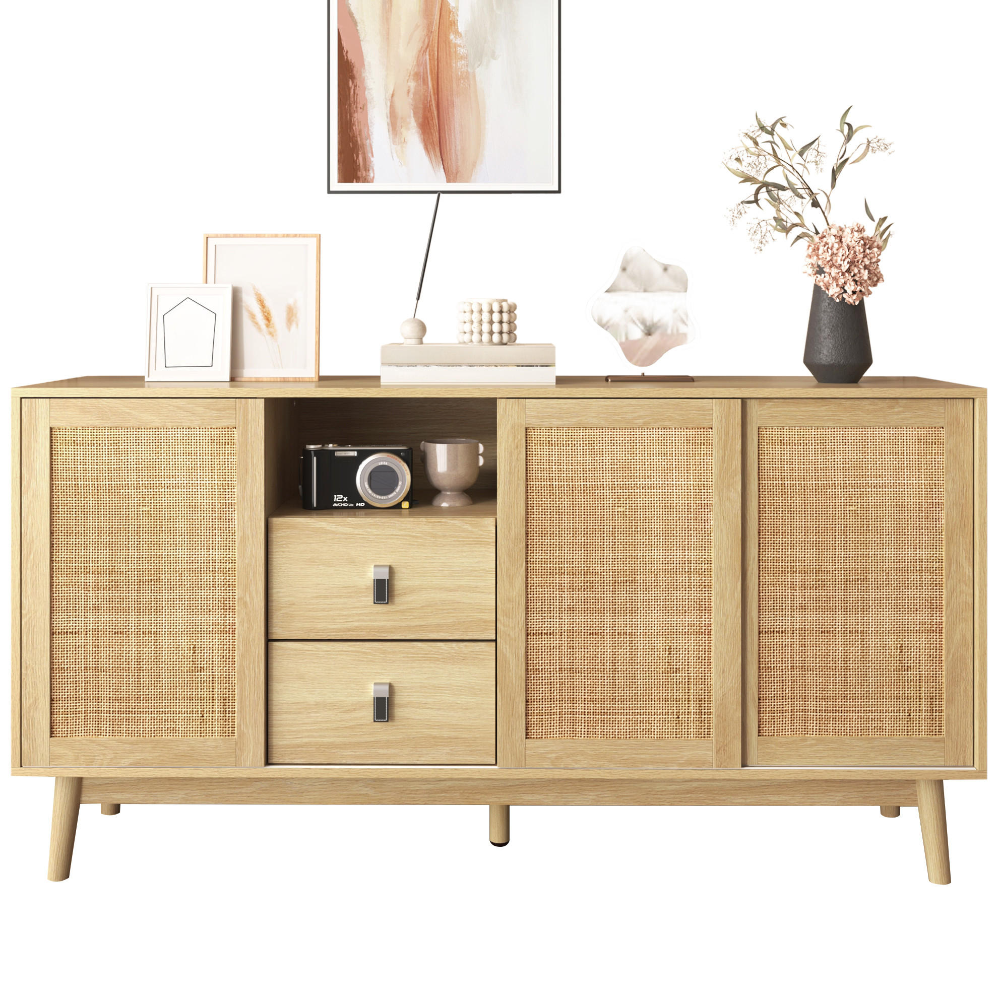 SIDEBOARD 155/38/80 cm in Holzfarbe mit 3 Schiebetüren und 2 Schubladen - Naturfarben, Holzwerkstoff (155/80/38cm) - Flora Grace