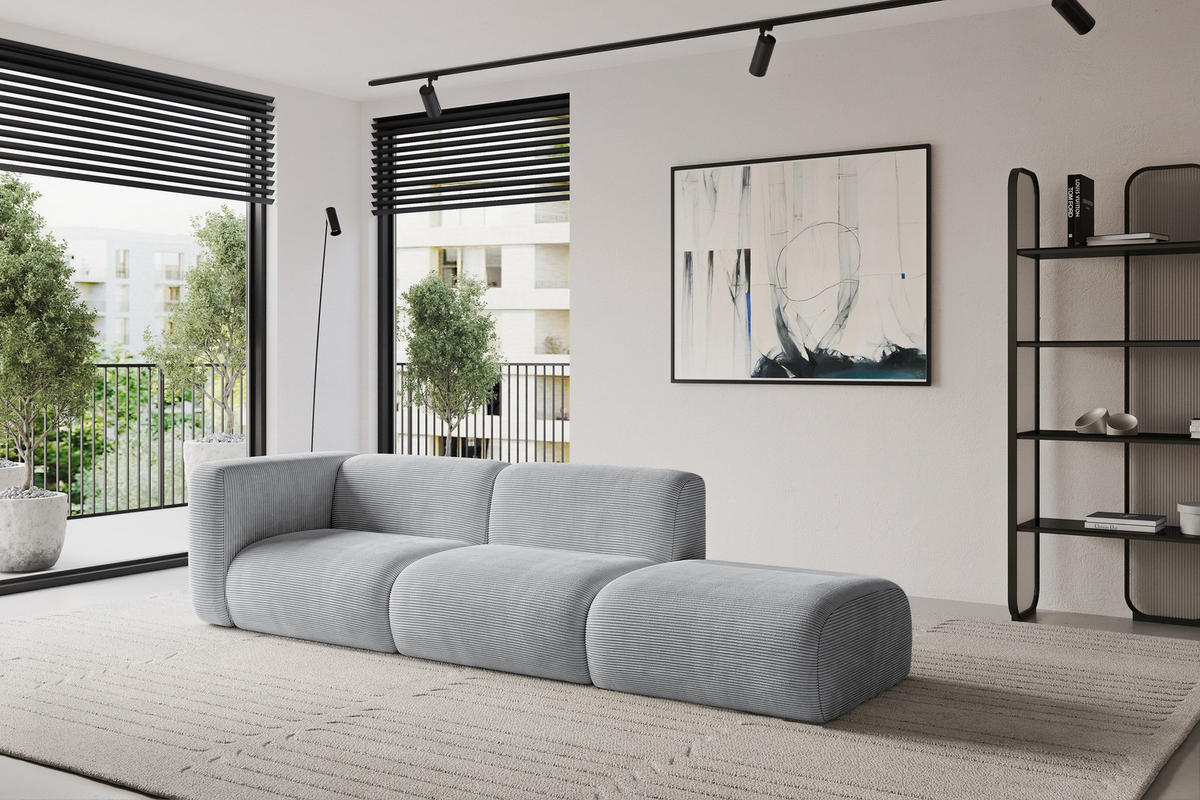 SOFA Ottomane Links MIRA-S3 296x89x70 Grau Cord - Blaugrau/Schwarz, Holzwerkstoff/Kunststoff (296/70/89cm) - ALTDECOR