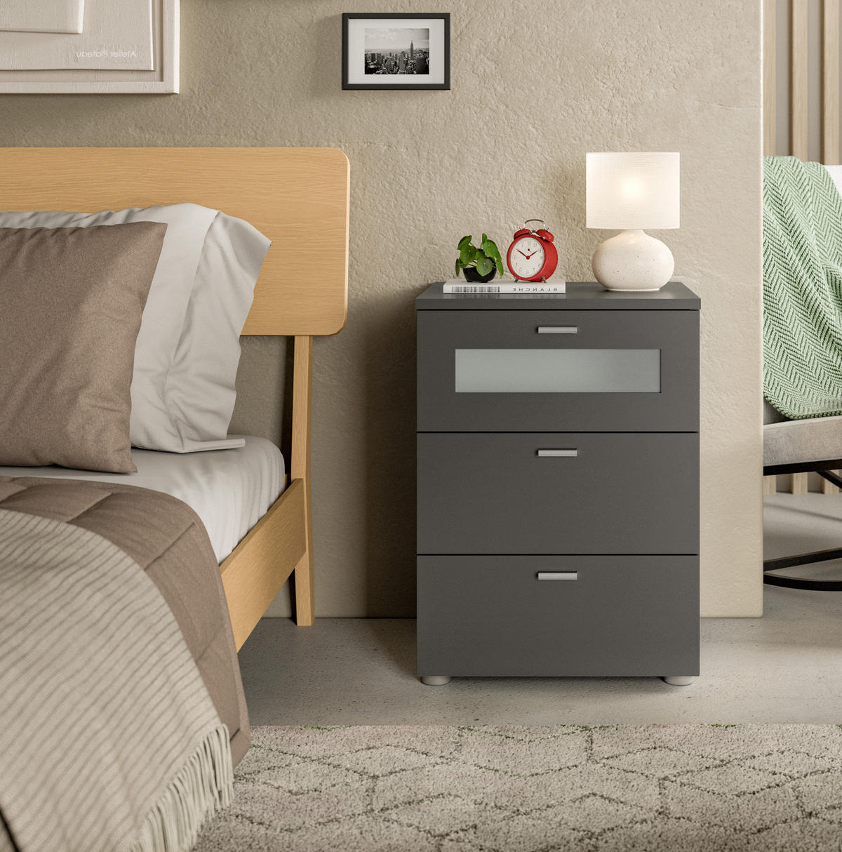 NACHTTISCH grau Komforthöhe 60 cm, 3x Schubkasten mit Vollauszug - Silberfarben/Grau, Glas/Holzwerkstoff (45/60/40cm) - Inn.Furn