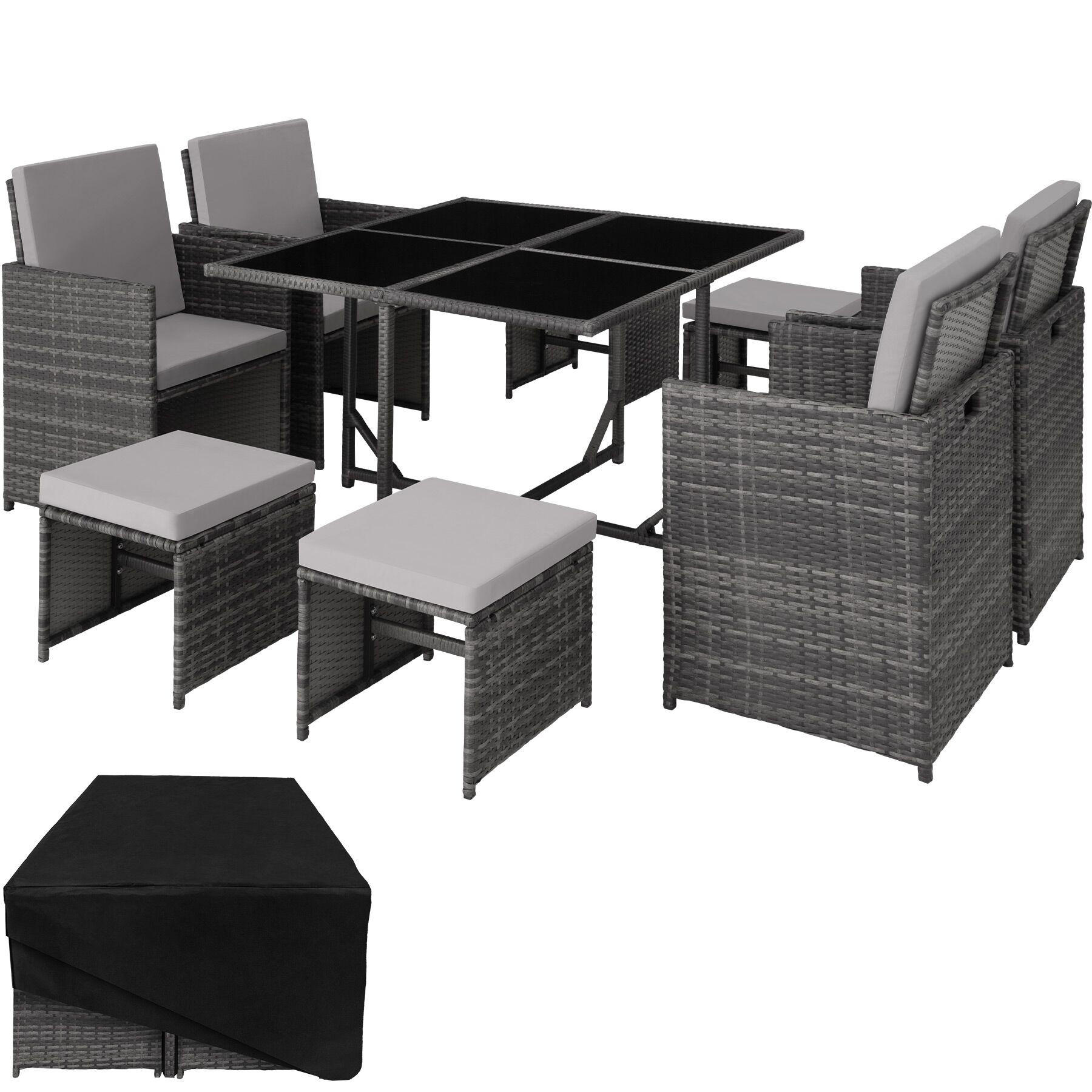RATTAN SITZGRUPPE Bilbao,zusammenschiebbar, inklusive Schutzhülle,grau - Grau, Kunststoff - tectake