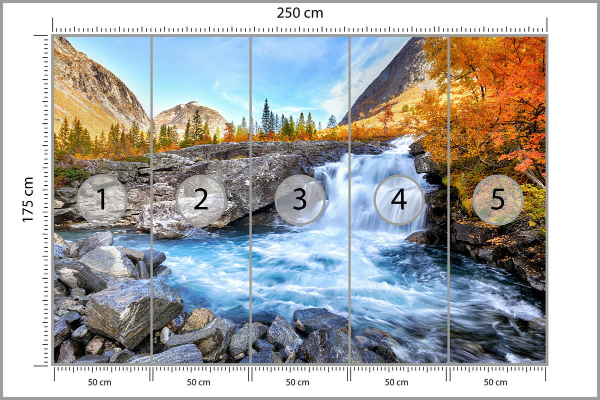 FOTOTAPETE Wasserfall Berge Wald Felsen 3D 250x175 - Blau/Gelb, Papier (250/175cm) - Muralo