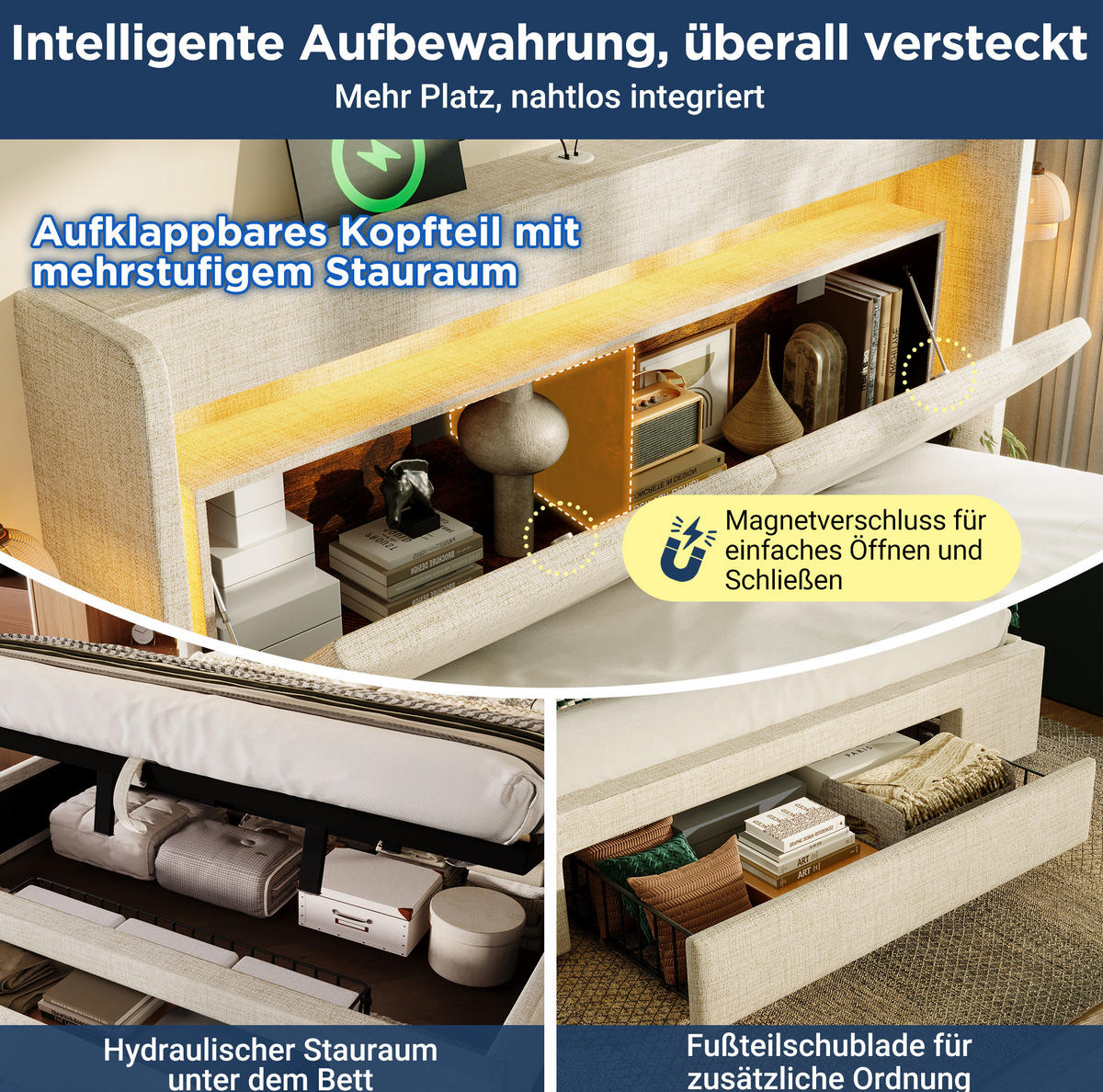 POLSTERBETT 140/200 cm mit Bettkasten, LED-Beleuchtung und gepolstertem Kopfteil - Beige, Textil (140/200cm) - BEAOK