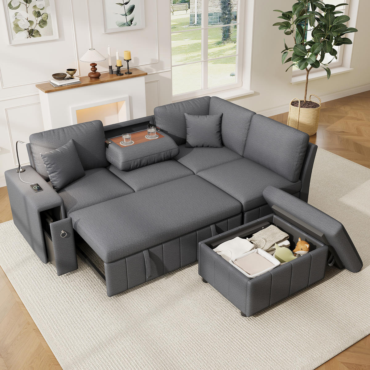 SCHLAFSOFA Grau L-Form USB Stauraum Tisch Leselicht Kissen - Grau, Textil (184/213cm) - FLIEKS