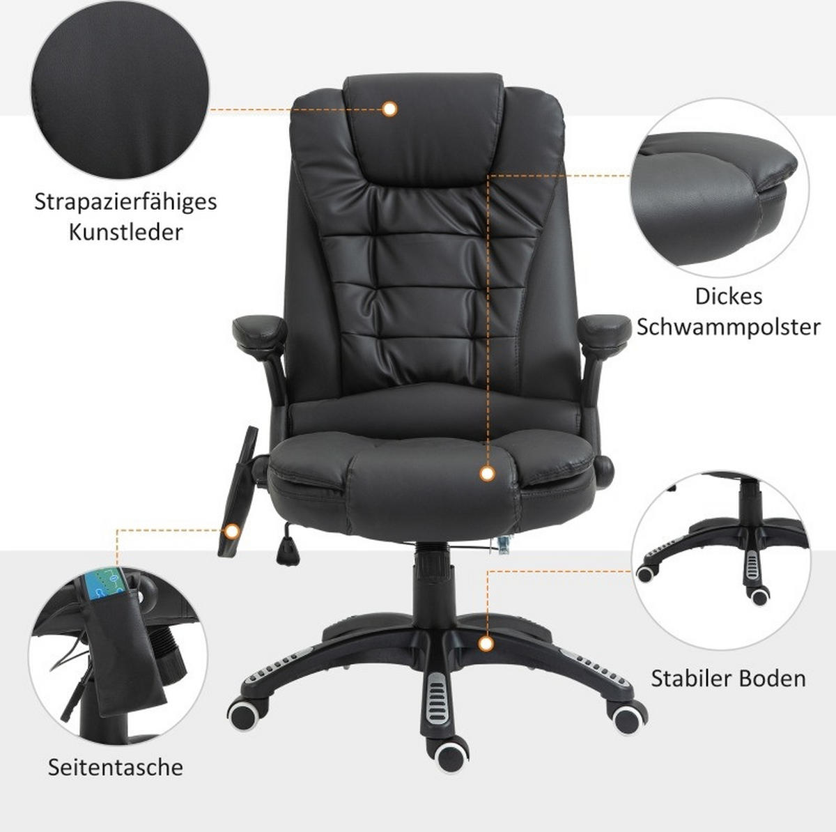 BÜROSTUHL mit Massagefunktion höhenverstellbar Kunstleder Black - Schwarz, Metall (70/121/70cm) - Meubliv