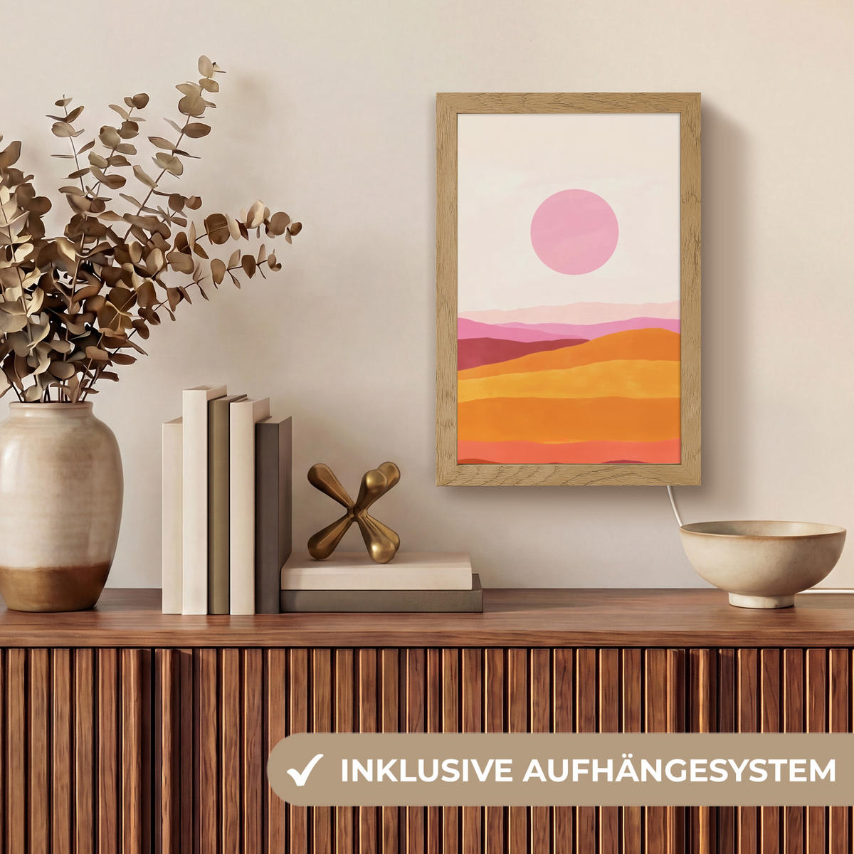 STOLNÍ LAMPA Kopce - oranžová - slunce - abstraktní 20x30 cm - chromová, kompozitní dřevo (8/20/30cm) - OnlyWow