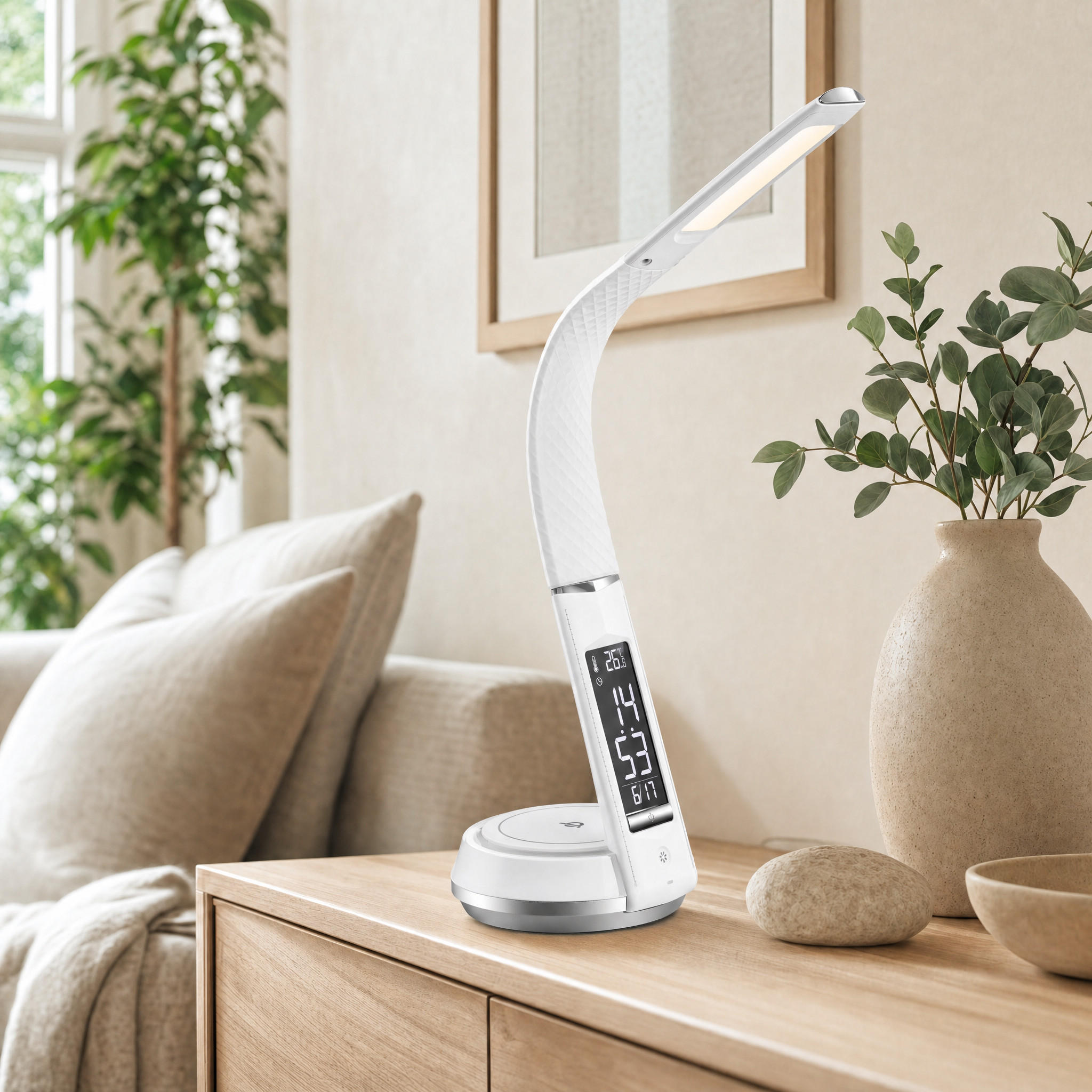 LED-SCHREIBTISCHLAMPE - mit drahtloser QI-Ladestation, Touch-Dimmer und integrierter Uhr für modernes Arbeiten - Weiß, Kunststoff (13.7/13.7/54.5cm) - Northpoint