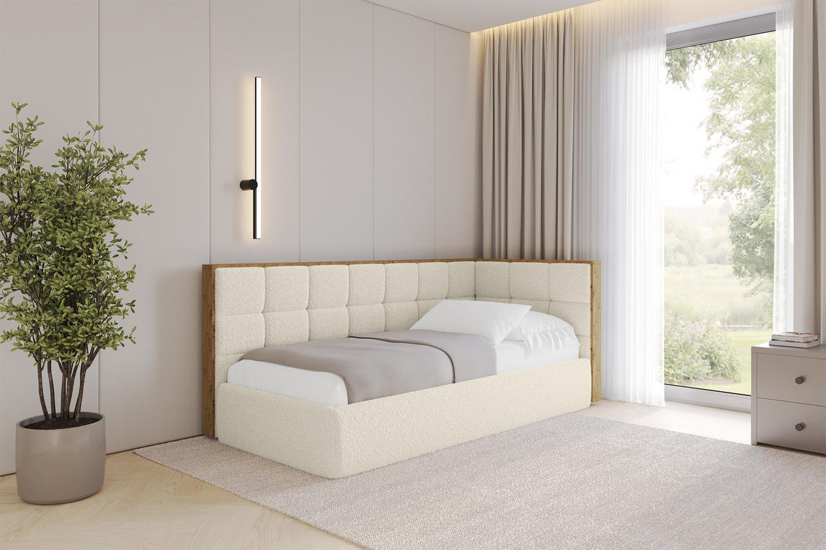 EINZELLBETT Jugendbett mit Bettkasten und Matratze H3/H4, Links - SOVY 90x200 Beige - Champagner, Holzwerkstoff/Textil (90/200cm) - ALTDECOR