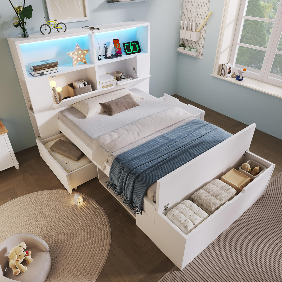 KINDERBETT Kindereinzelbetten 90/200 cm mit LED-Beleuchtung, USB-Anschlüssen, Schubladen, Regalen und Bettbank, Weiß - Weiß, Holzwerkstoff (90/200cm) - Redom