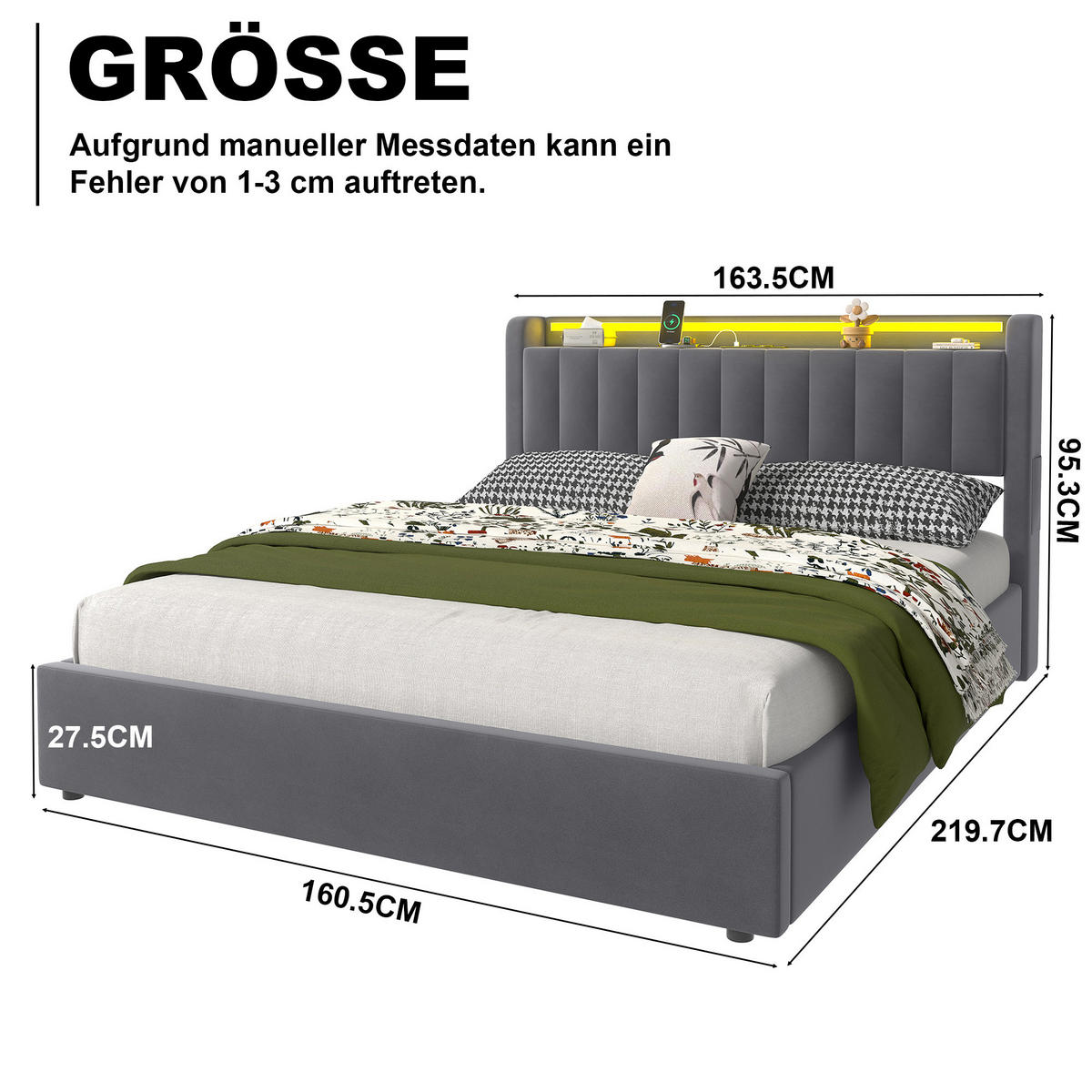 POLSTERBETT 160x200 cm Gepolstert mit Integrierter LED und USB - Grau, Textil (160/200cm) - Modenvie