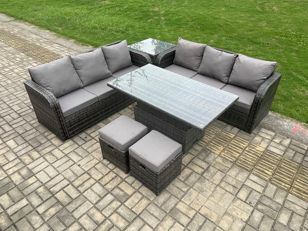 GARTENTISCHGRUPPE Polyrattan 8-Sitzer - Dunkelgrau/Grau, Glas/Kunststoff - Fimous