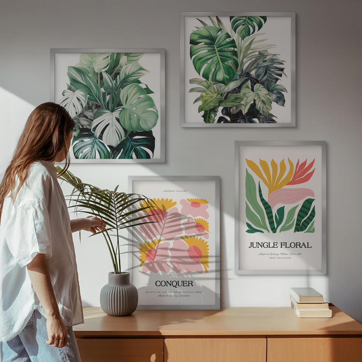 WANDBILDER 4er Set - 50x50 cm & 40x60 cm Silberner Rahmen - Blumen und Blätter – moderne Poster - Silberfarben, Kunststoff (50/50cm) - ArtPrintCave