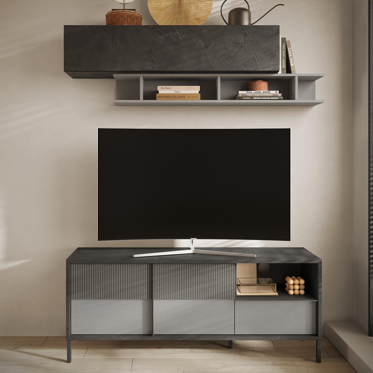 TV-MÖBEL mit 2 Türen, 1 Schublade und 1 Nische Everest - 156/40/64 cm - Grau, Holzwerkstoff (40/64/156cm) - Calicosy