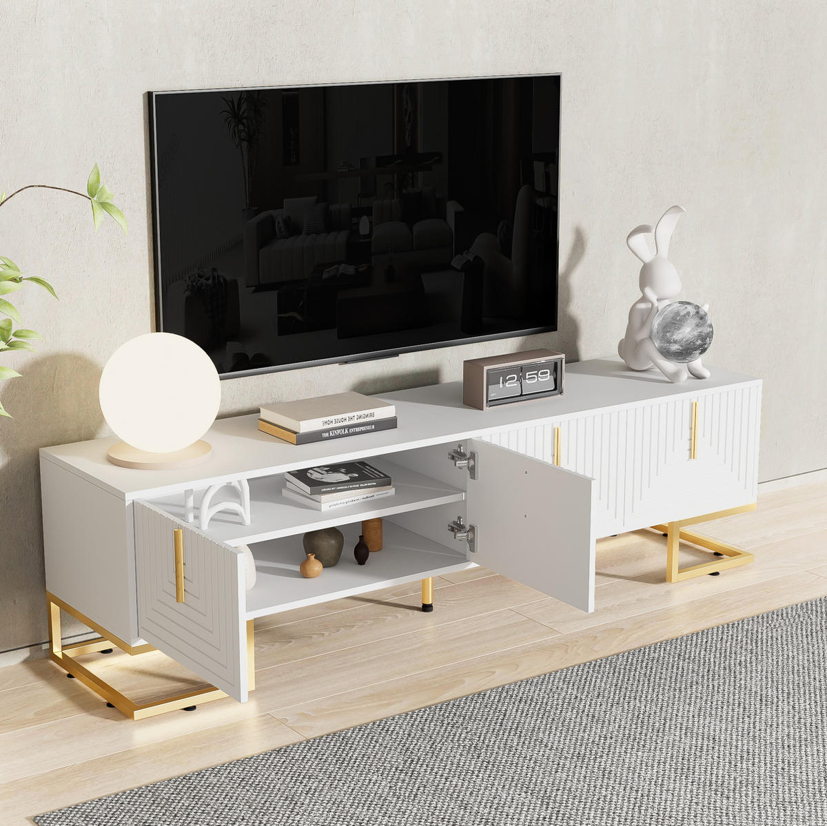 TV-SCHRANK in Weiß mit 4 Türen und goldfarbenen Metallfüßen 170/40/45.5 cm - Weiß, Holzwerkstoff (170/45.5/40cm) - Redom