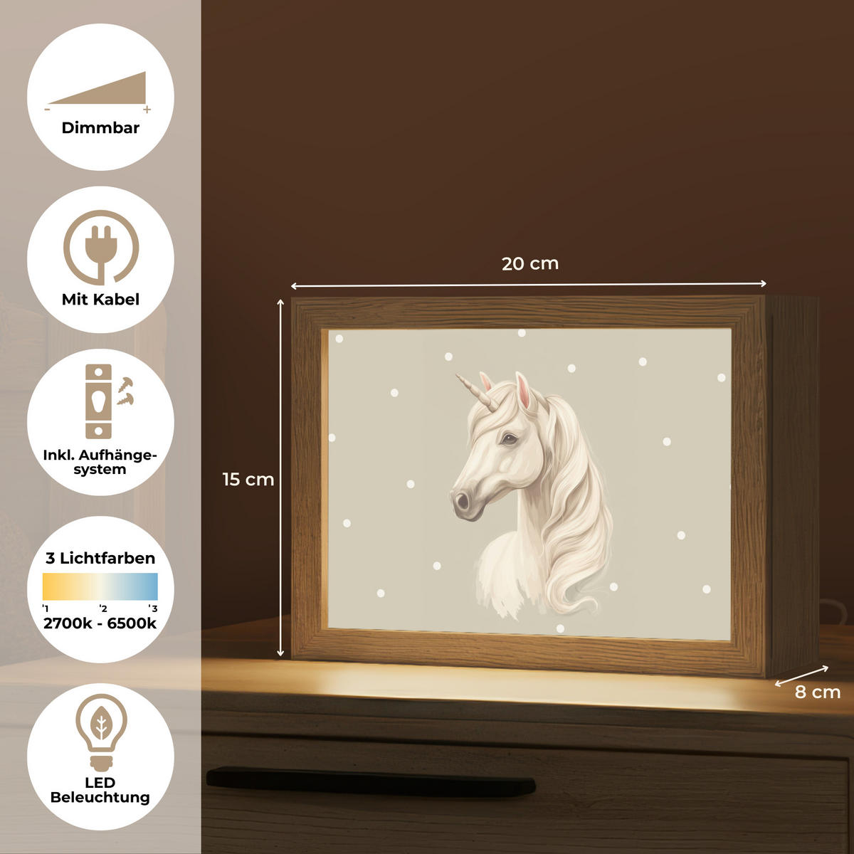 NACHTTISCHLAMPE Einhorn - Weiß - Punkte 20x15 cm - Taupe, Holzwerkstoff (8/20/15cm)