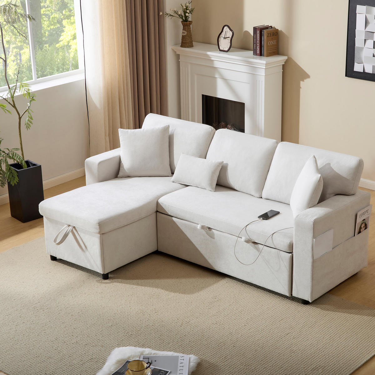 ECKSOFA L Form Schlafsofa Ausziehbar Stauraum Regal Beige - Beige, Textil (214/87/131cm) - FLIEKS