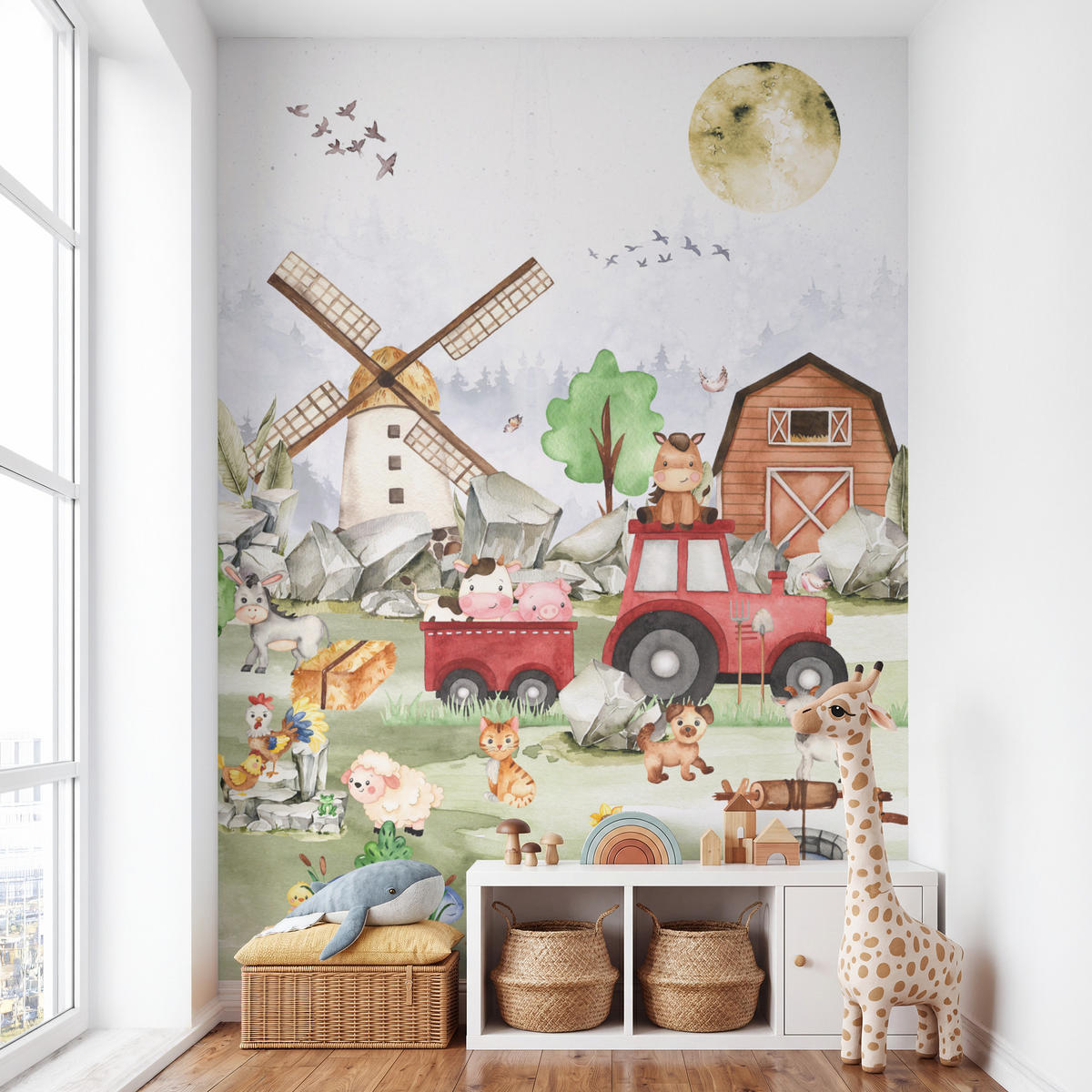KINDERTAPETE - Bauernhof - Traktor - Kinder - Tiere - 200x300 cm - Weiß, Papier (200/300cm) - OnlyWow