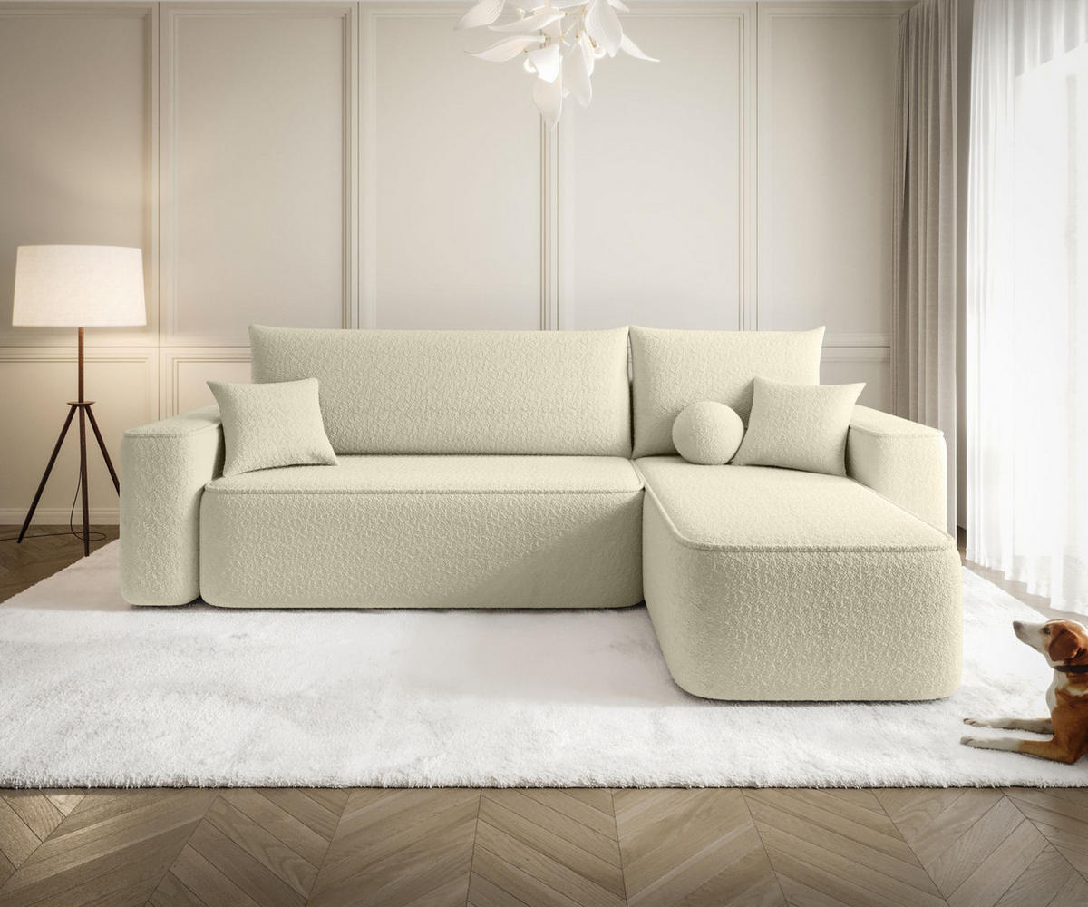 ECKSOFA TEXAS rechts hellbeige Bukle Quelle 2 - Schlaffunktion, Bettkasten - Creme, Textil (250/149cm) - Cornero