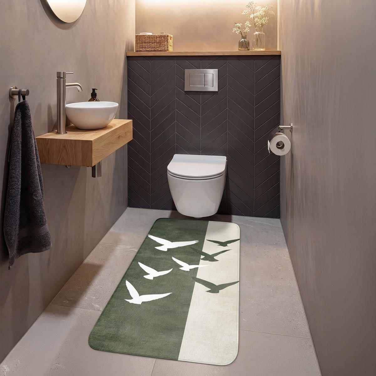 WC PŘEDLOŽKA Japandi - Pták - Zelený 60x120 cm - olivově zelená, textil/plast (60/1cm) - OnlyWow