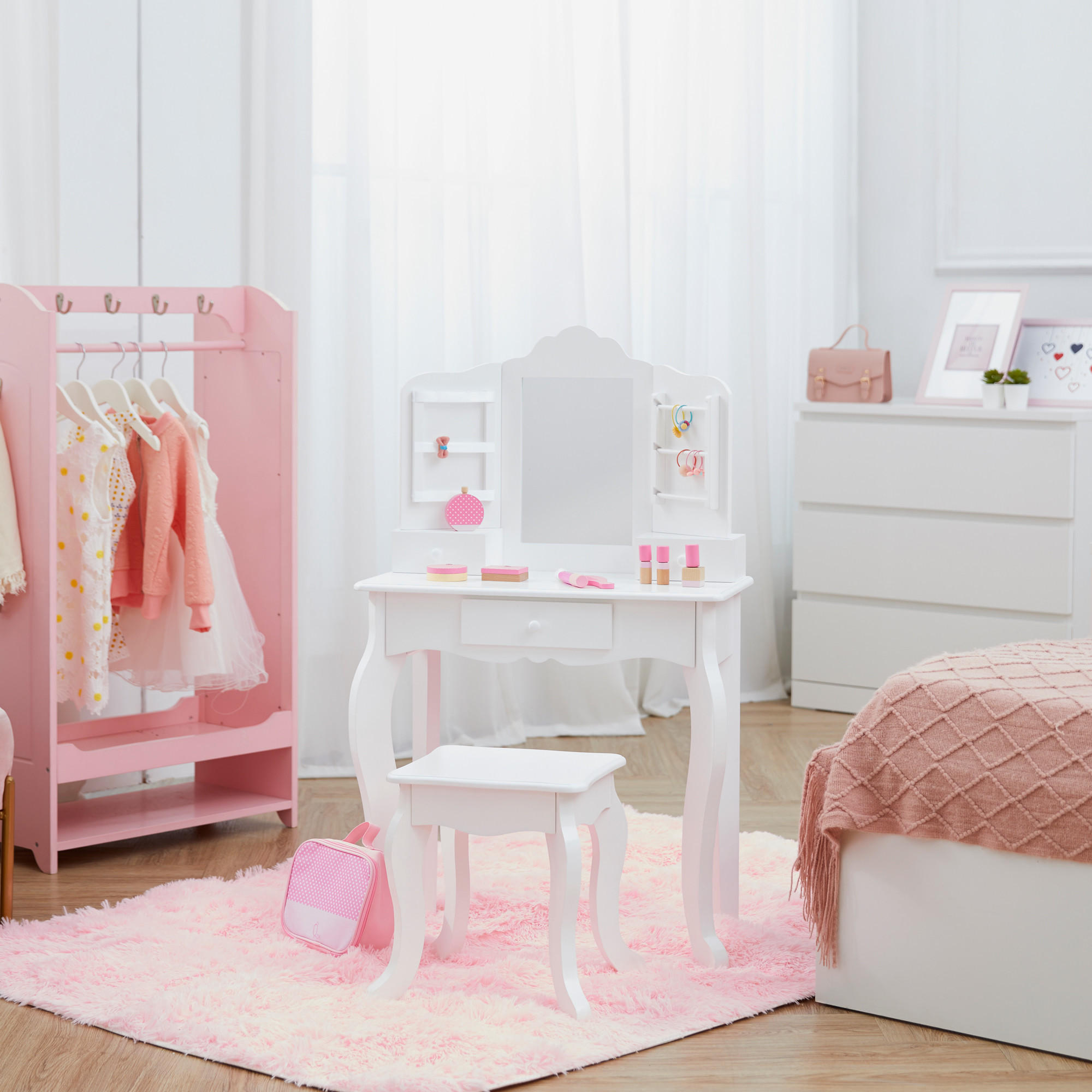 KINDER-SCHMINKTISCH mit Spiegel und Hocker Frisiertisch, Weiß, 100cm - Weiß, Holzwerkstoff (30/62cm) - Teamson Kids