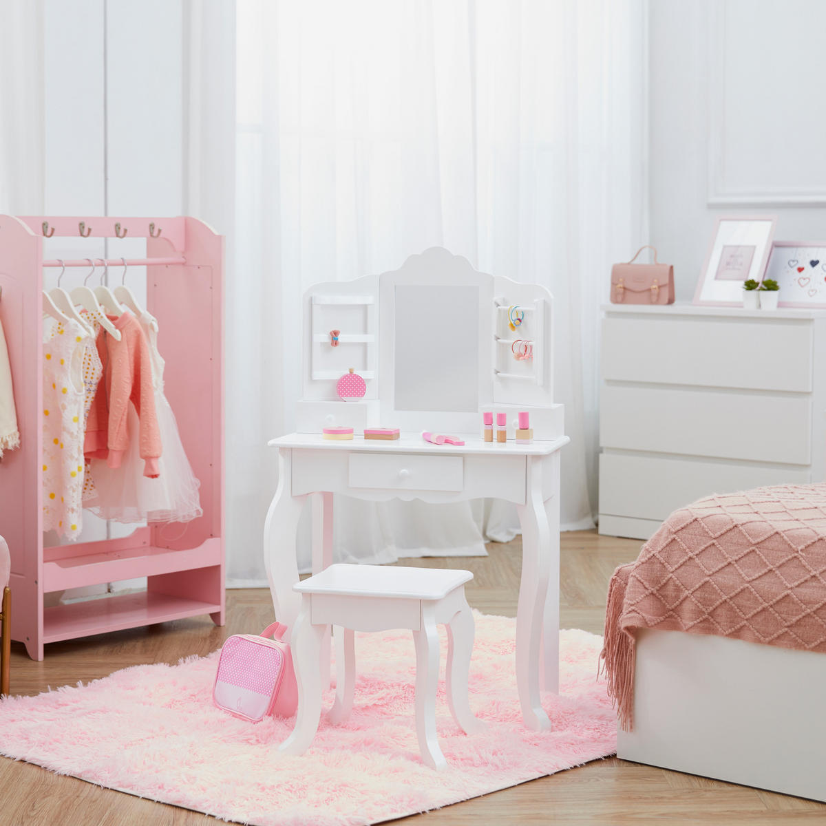 KINDER-SCHMINKTISCH mit Spiegel und Hocker Frisiertisch, Weiß, 100cm - Weiß, Holzwerkstoff (30/62cm) - Teamson Kids