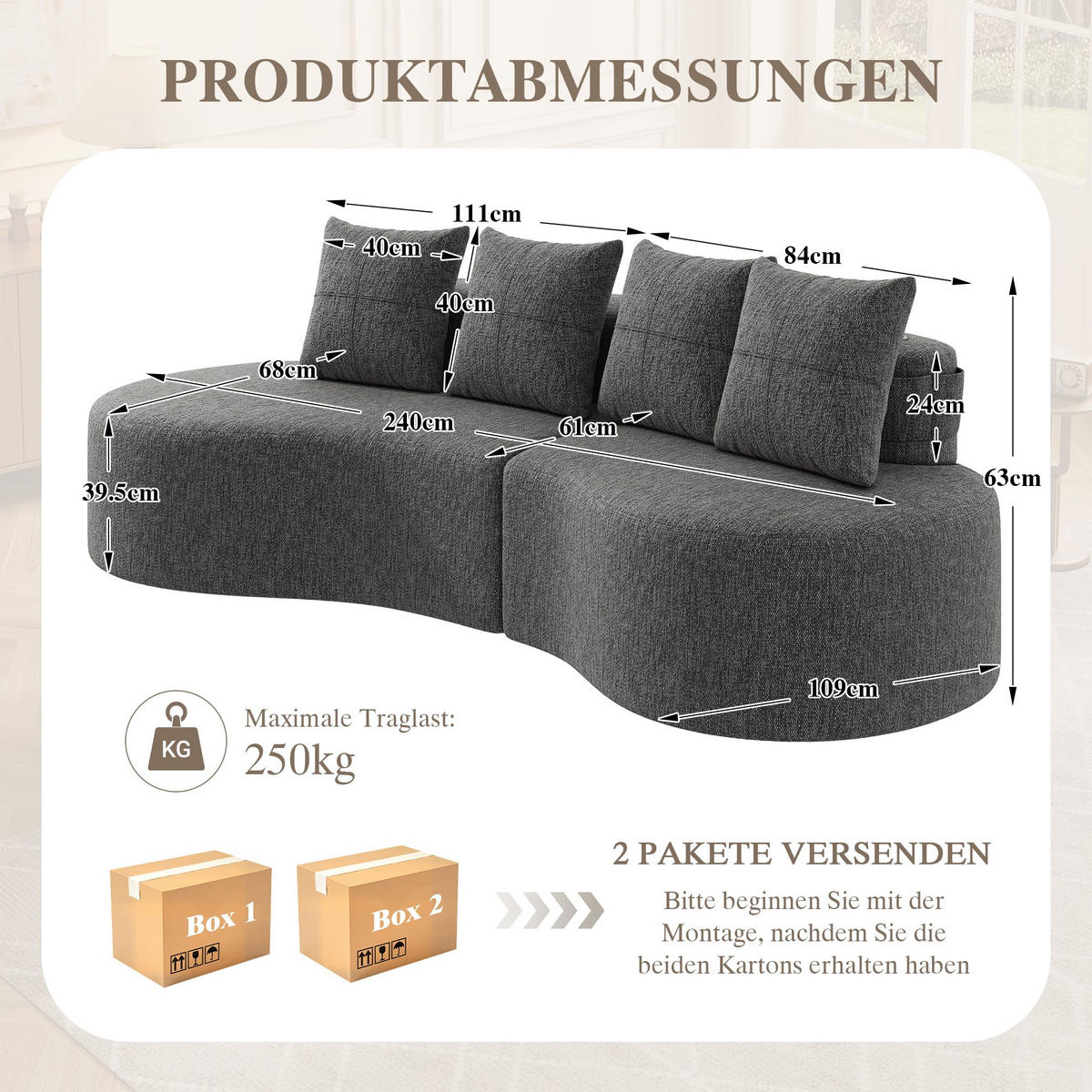 BIGSOFA Loungesofa,3er-Sofa,reich gepolstert,Leinenstoff,Dunkelgrau - Dunkelgrau, Textil (240/63/109cm) - LVHOM