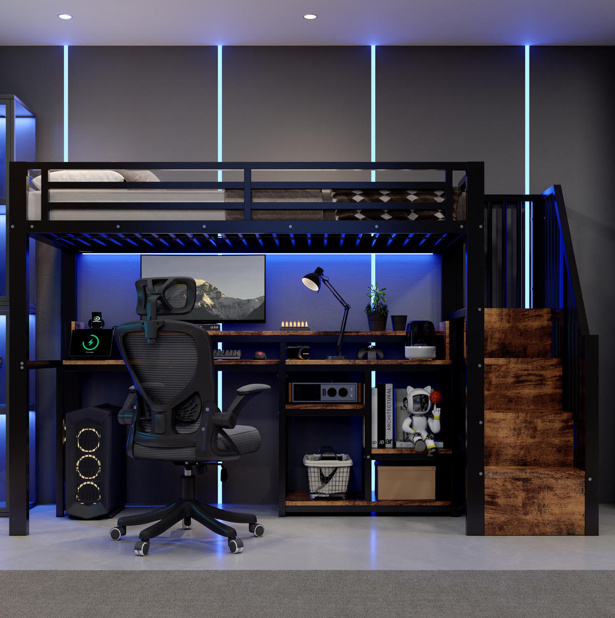 HOCHBETT MDF & Metall 90x200 cm Schwarz mit Leiterschrank, LED-Lichtleiste, USB + Typ-C - Schwarz, Holzwerkstoff (90/200cm) - Modfu
