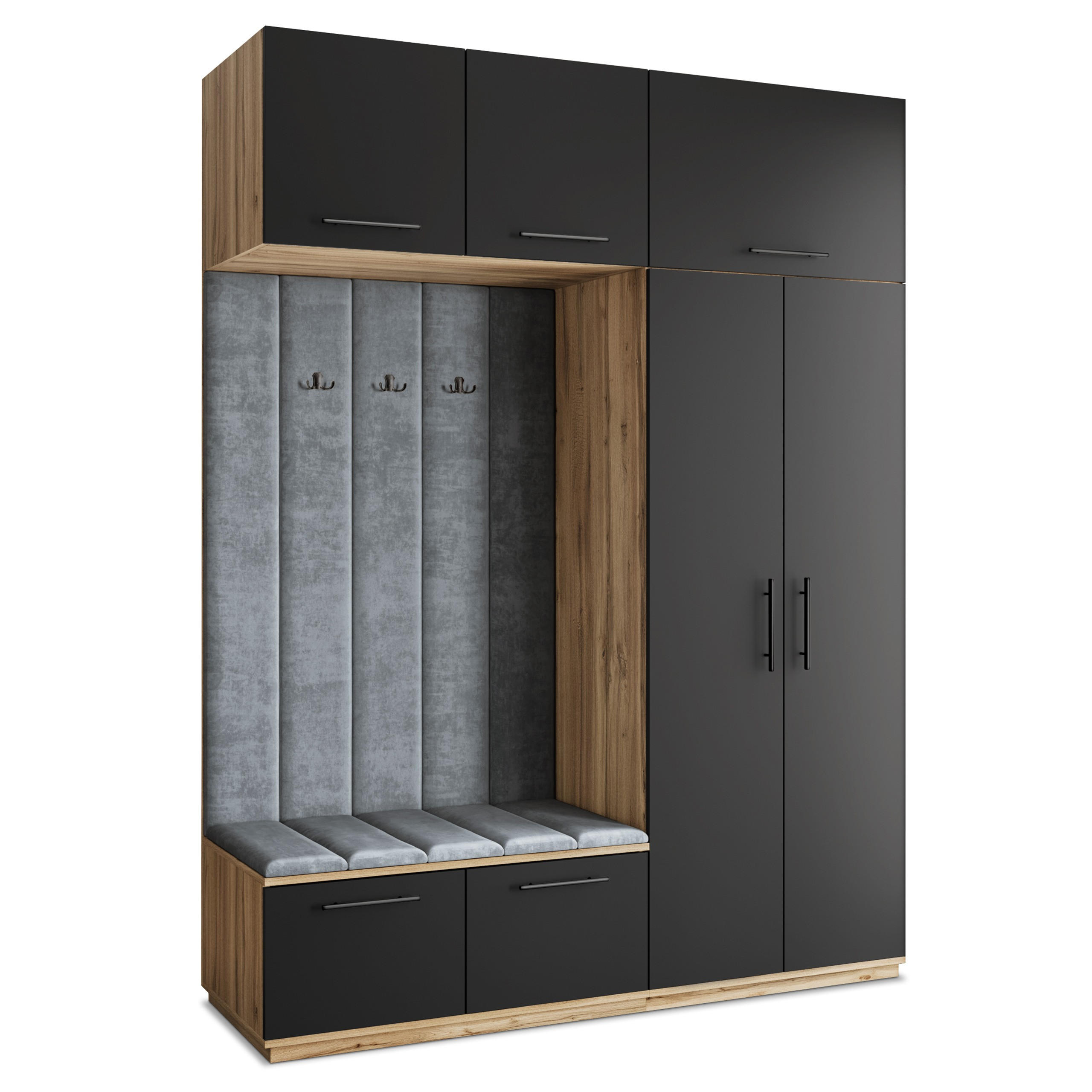 Masseno Garderobenschrank Eiche Wotan, Schwarz, Grau 180x240x60 cm
