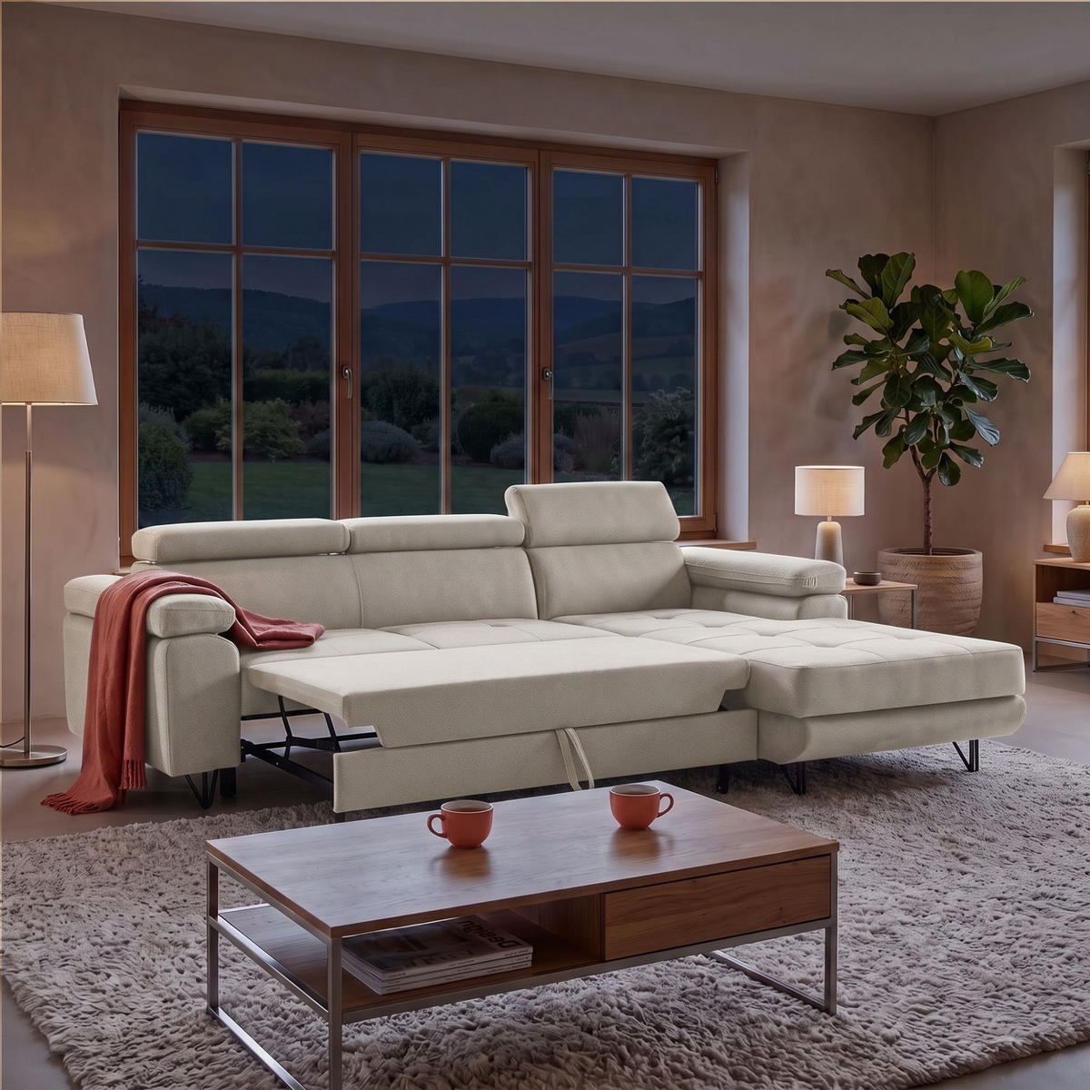 ECKSOFA NORIS L Rechts mit Schlaffunktion 128x203 Velours Beige - Beige/Schwarz, Holz/Textil (183/250cm) - Muffo